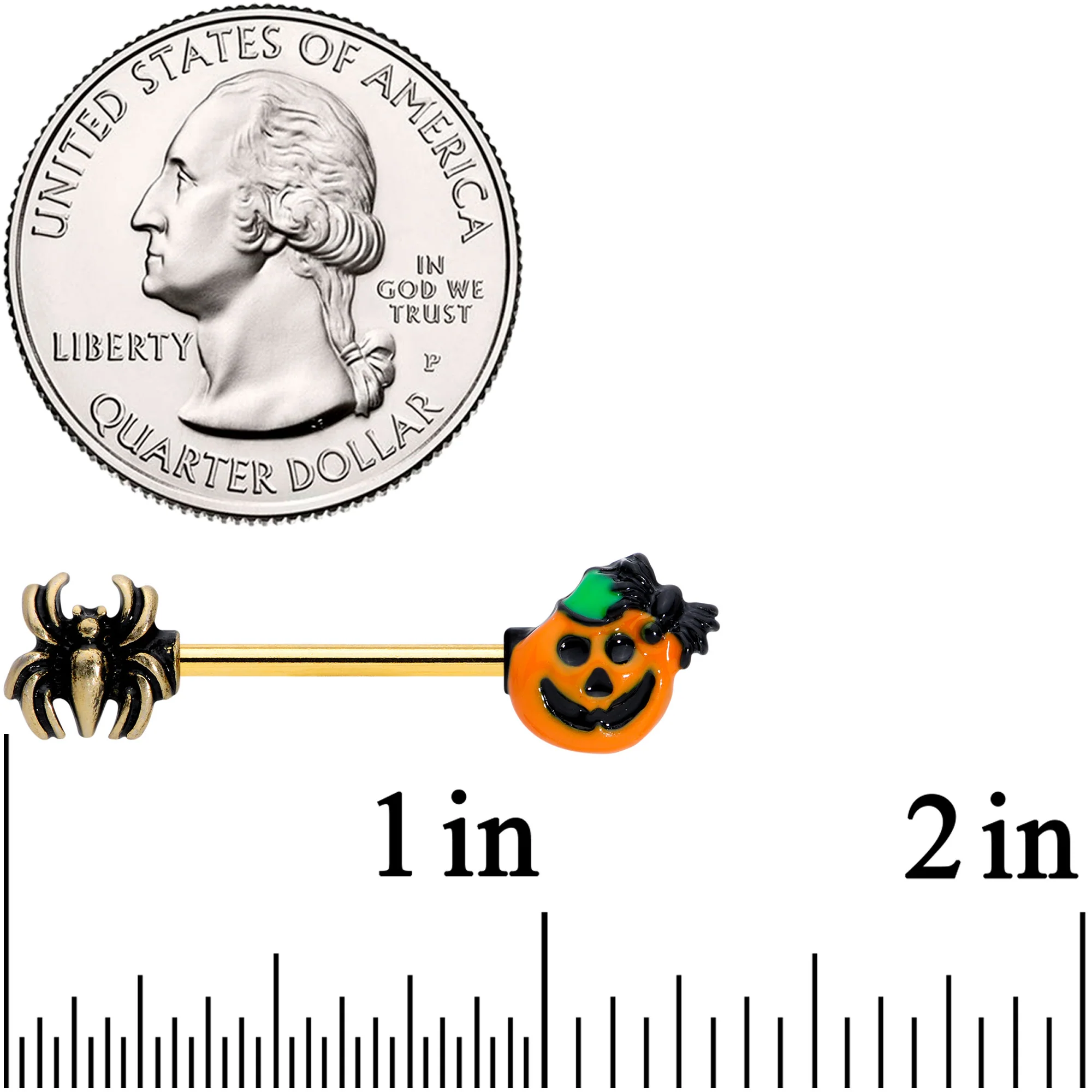 14G 5/8 Gold Tone Spider Pumpkin Halloween Barbell Nipple Set - Image 2