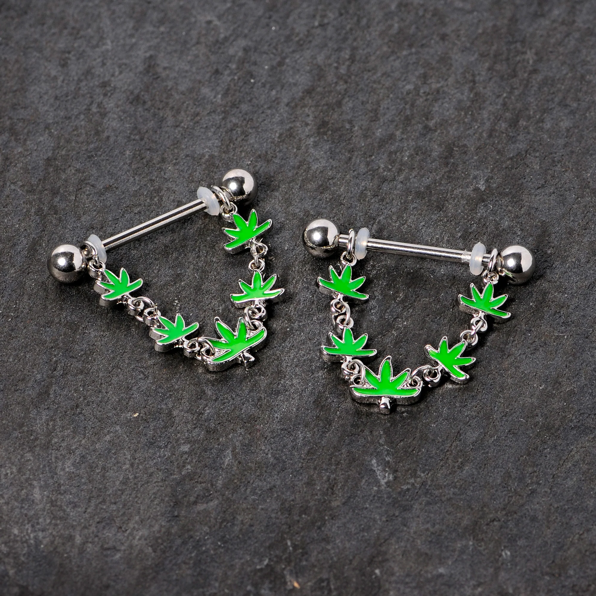 14G 5/8 Green Marijuana Pot Leaf Dangle Barbell Nipple Ring Set - Image 3