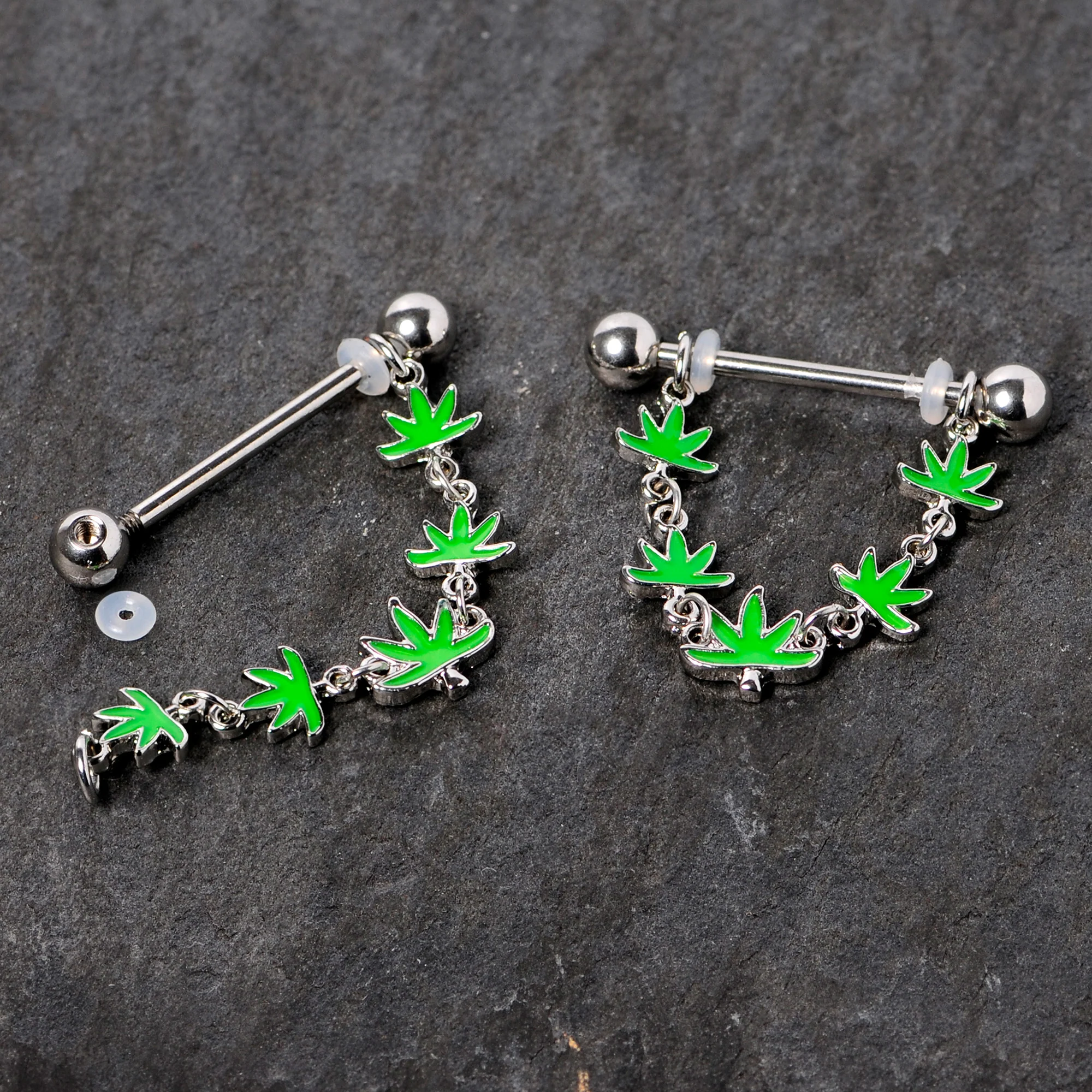 14G 5/8 Green Marijuana Pot Leaf Dangle Barbell Nipple Ring Set - Image 4