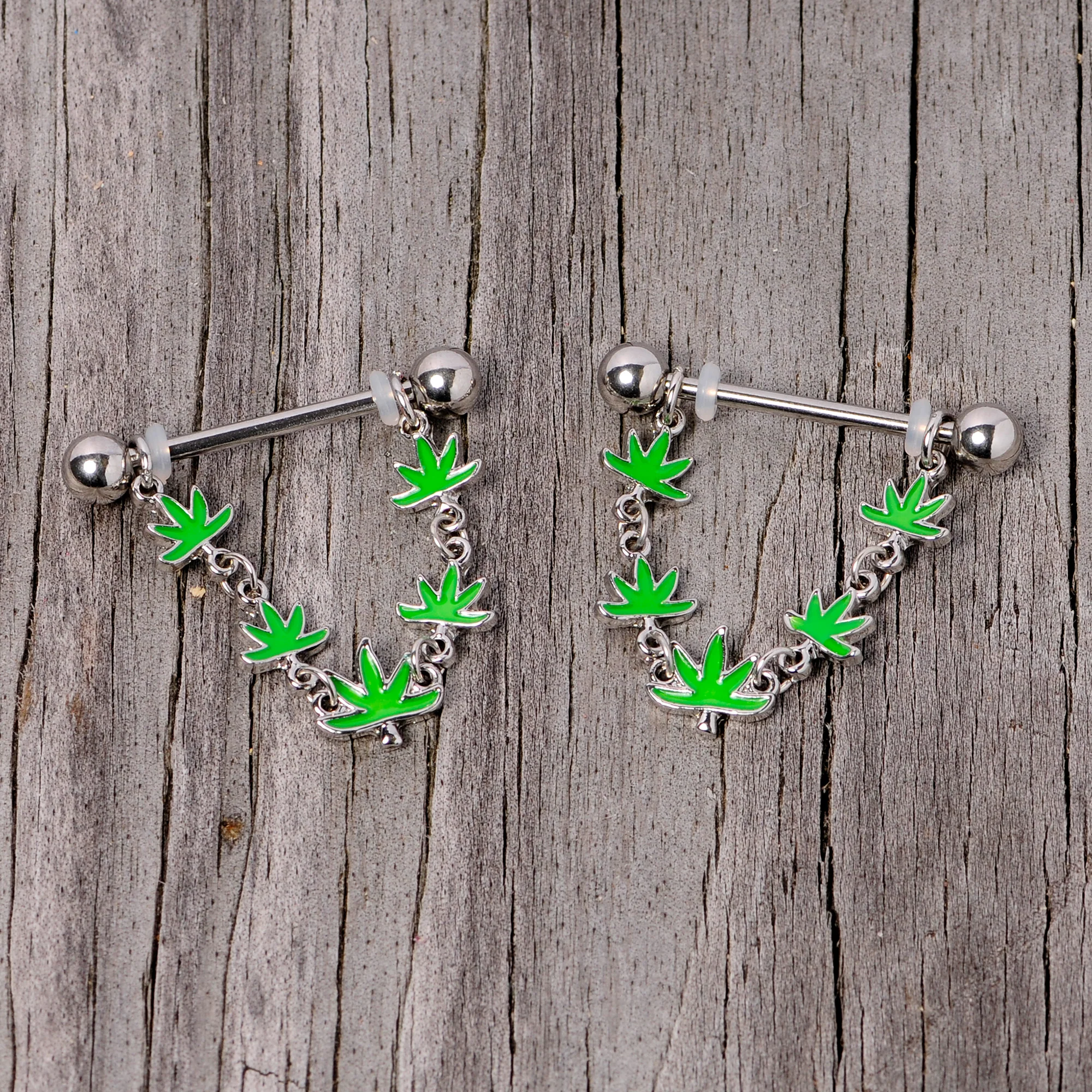 14G 5/8 Green Marijuana Pot Leaf Dangle Barbell Nipple Ring Set - Image 5
