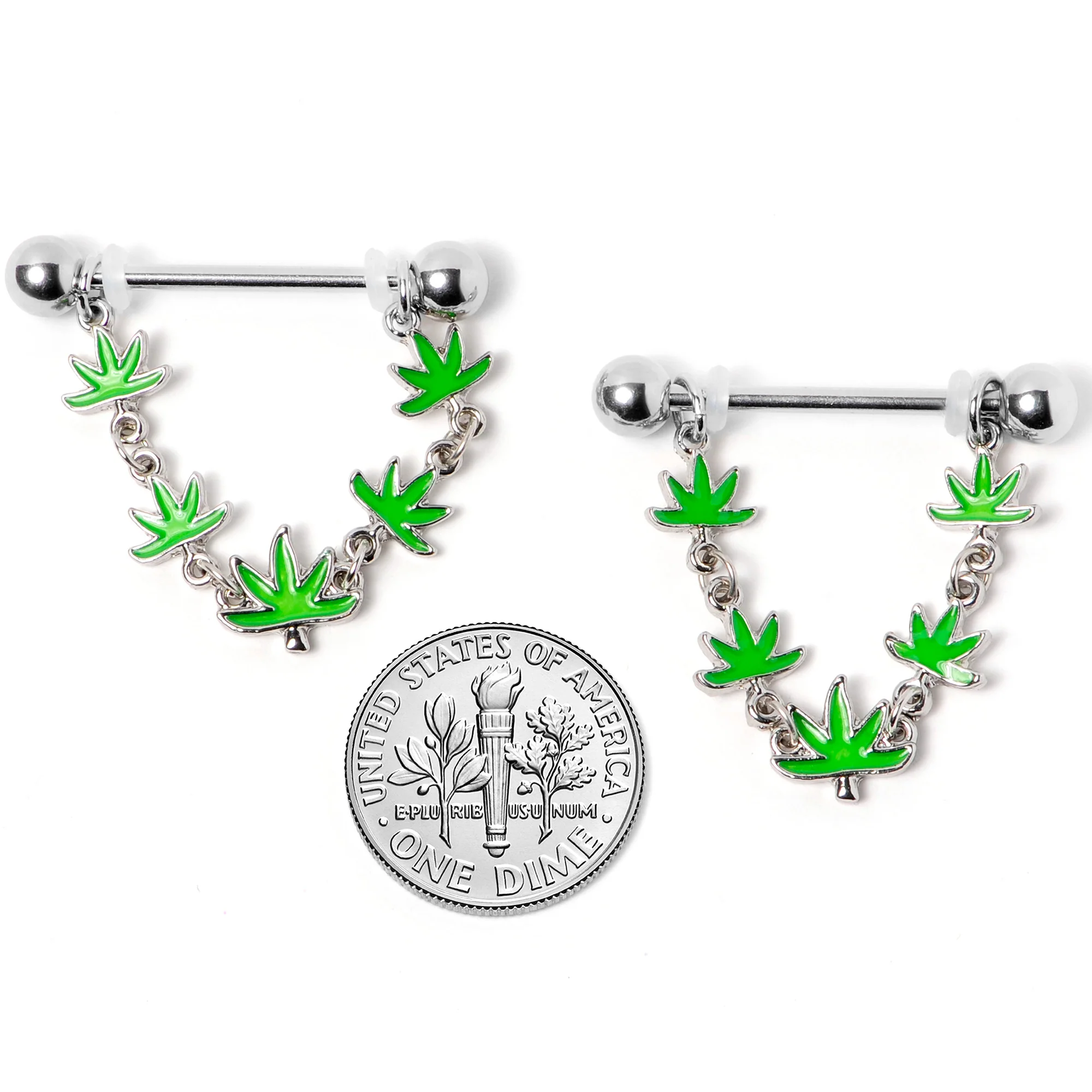 14G 5/8 Green Marijuana Pot Leaf Dangle Barbell Nipple Ring Set - Image 6