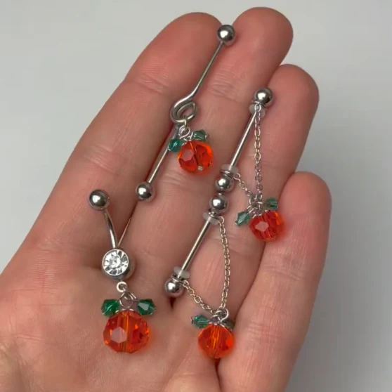 14G 5/8 Green Orange Gem Pumpkin Halloween Dangle Nipple Ring Set - Image 2