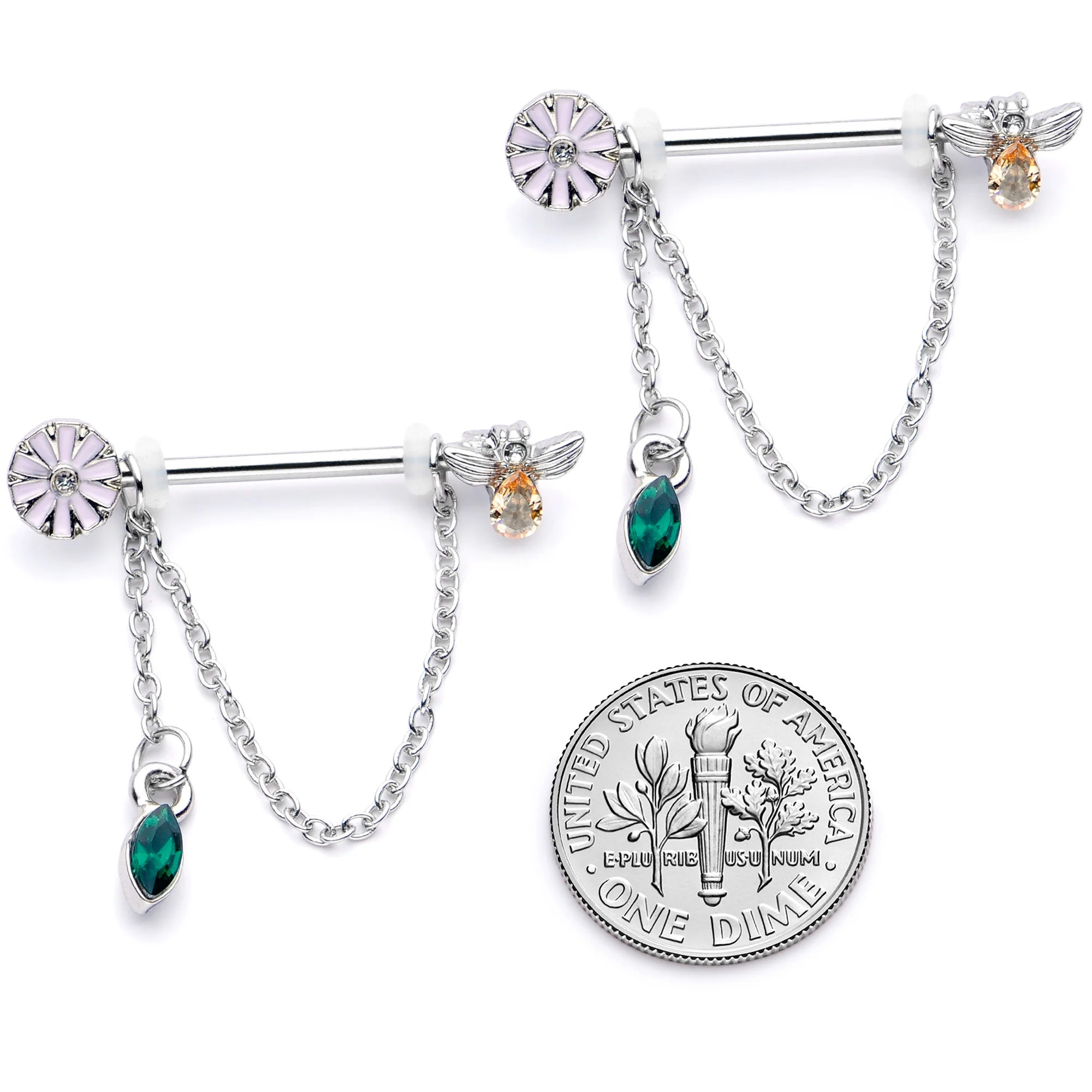 14G 5/8 Green Yellow Gem Flower Bee Dangle Nipple Ring Set - Image 5