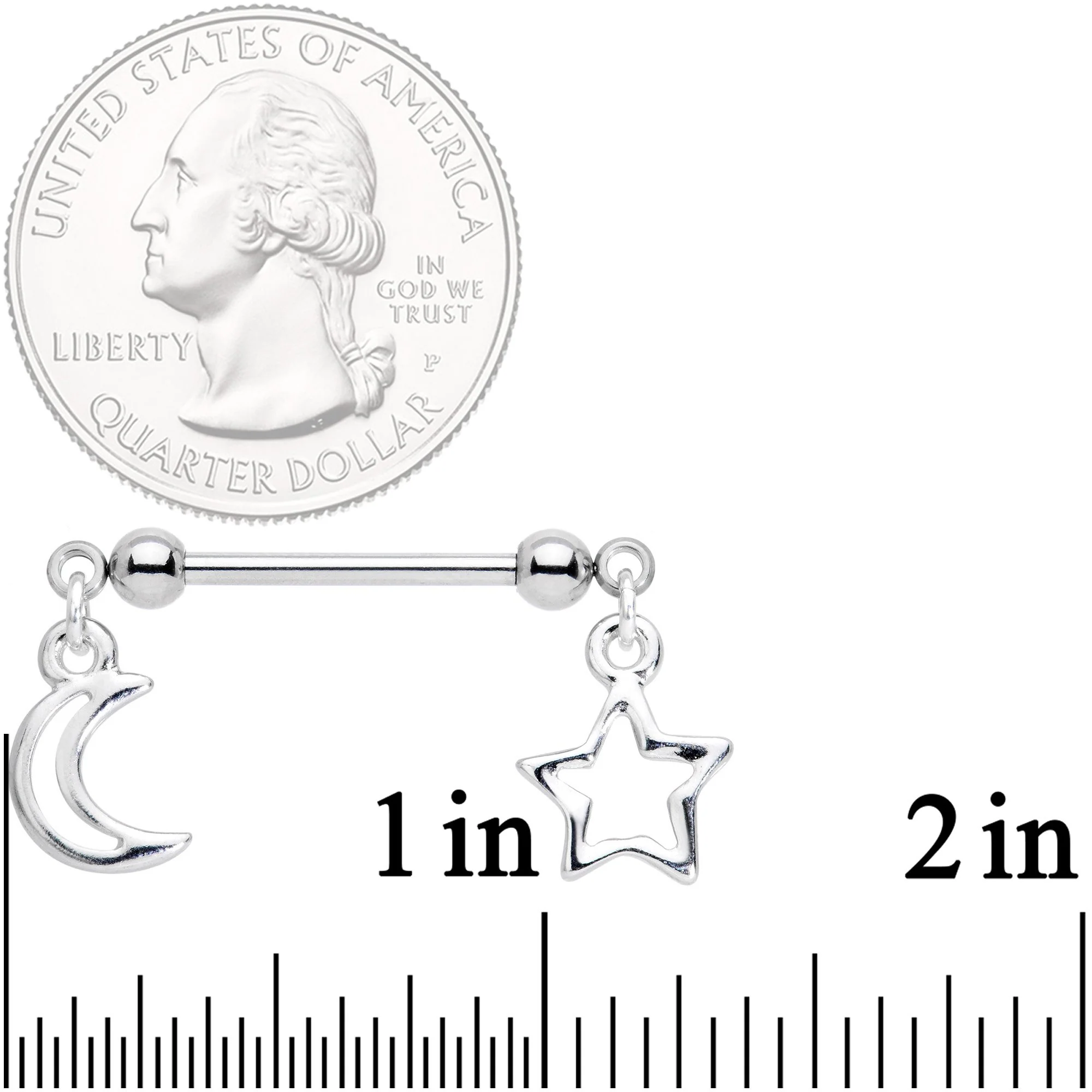14G 5/8 Handcrafted Moon Star Dangle Barbell Nipple Ring Set - Image 2