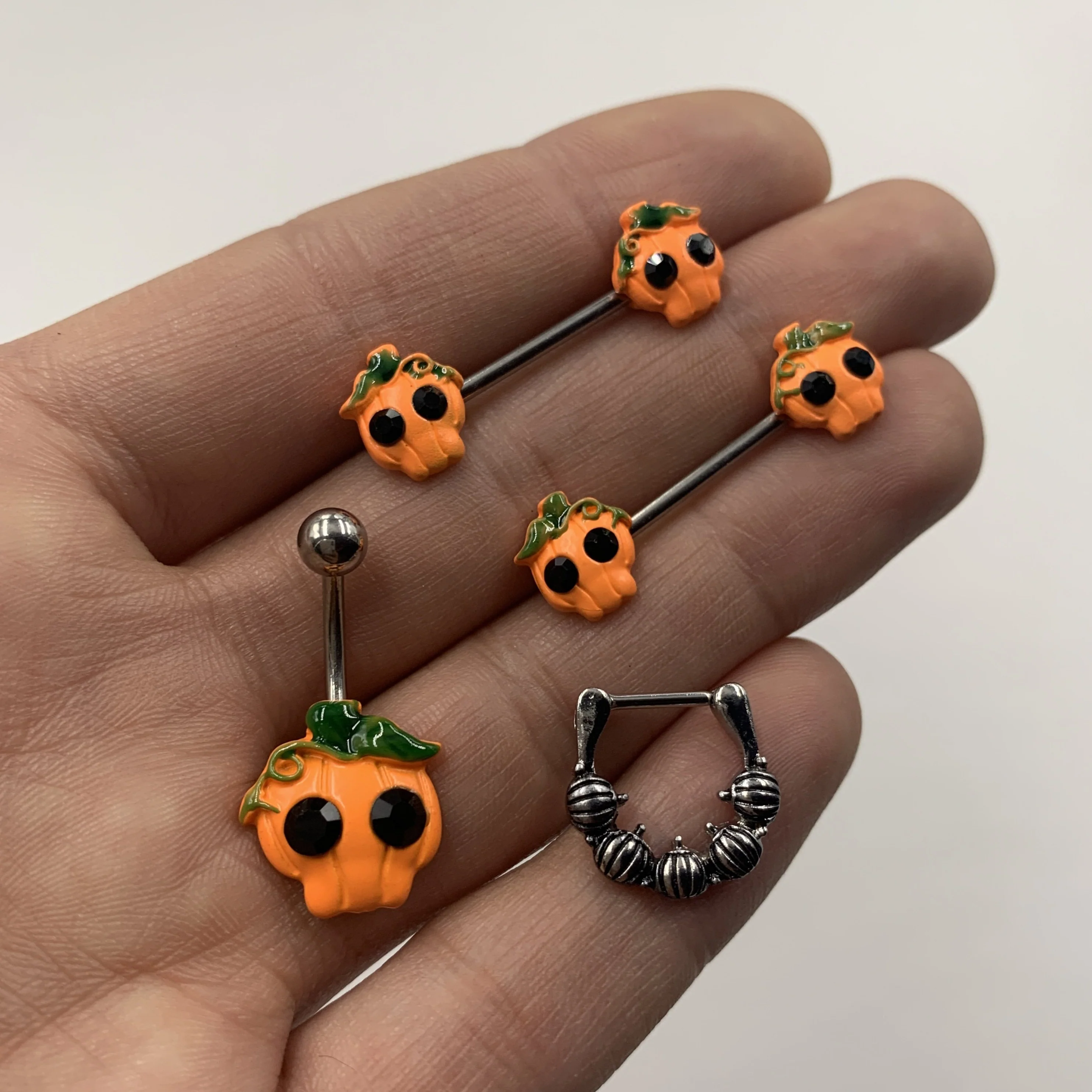 14G 5/8 Orange Jack O Lantern Pumpkin Halloween Nipple Ring Set - Image 2