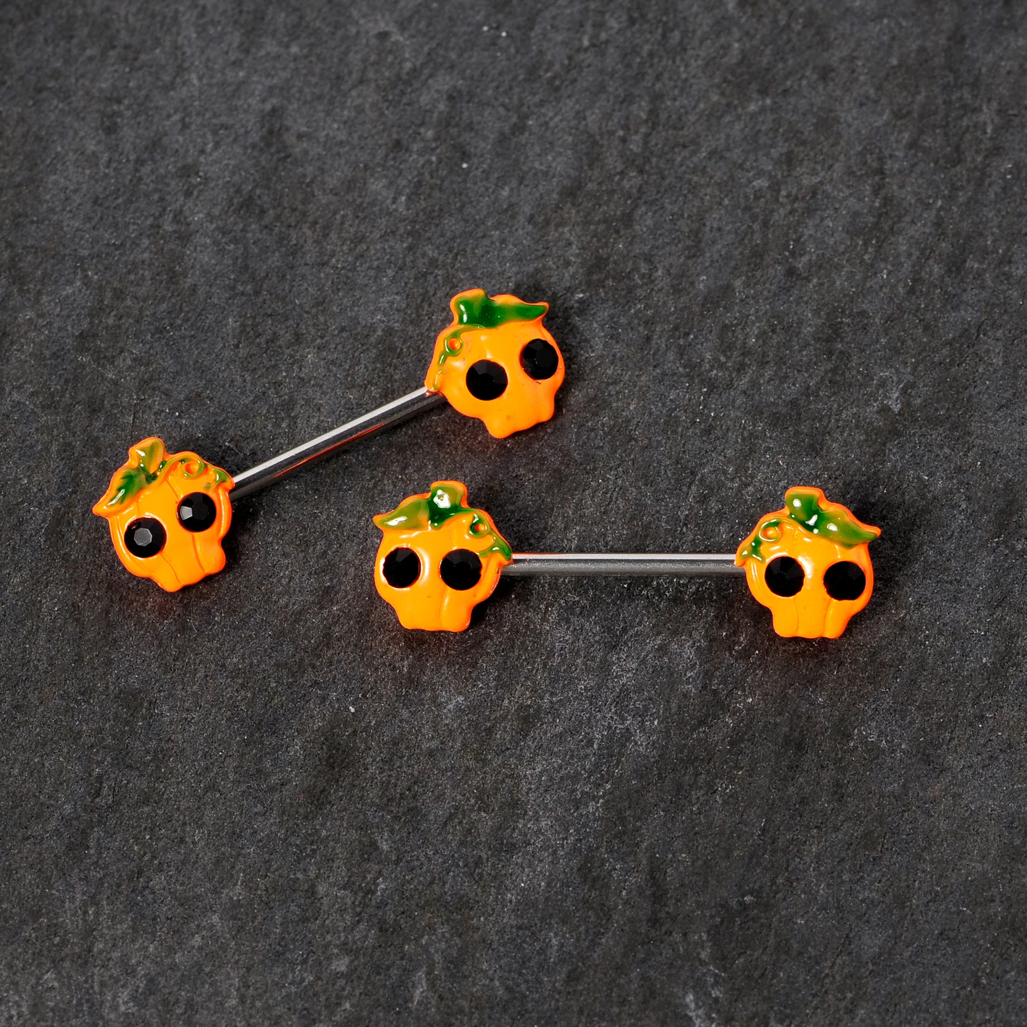 14G 5/8 Orange Jack O Lantern Pumpkin Halloween Nipple Ring Set - Image 3