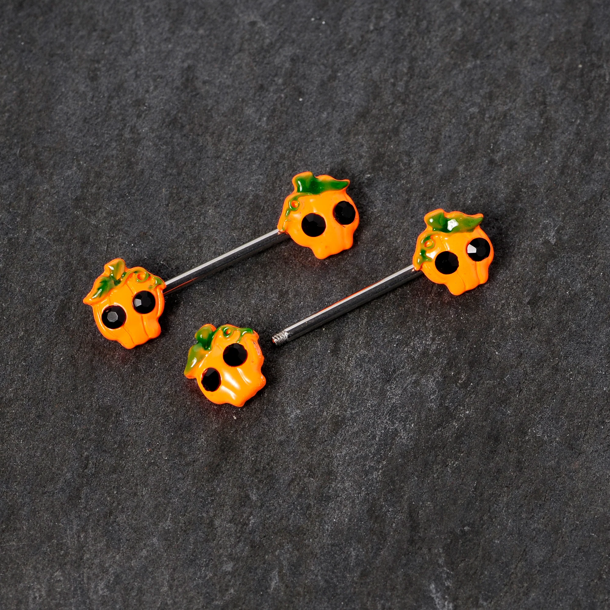 14G 5/8 Orange Jack O Lantern Pumpkin Halloween Nipple Ring Set - Image 4