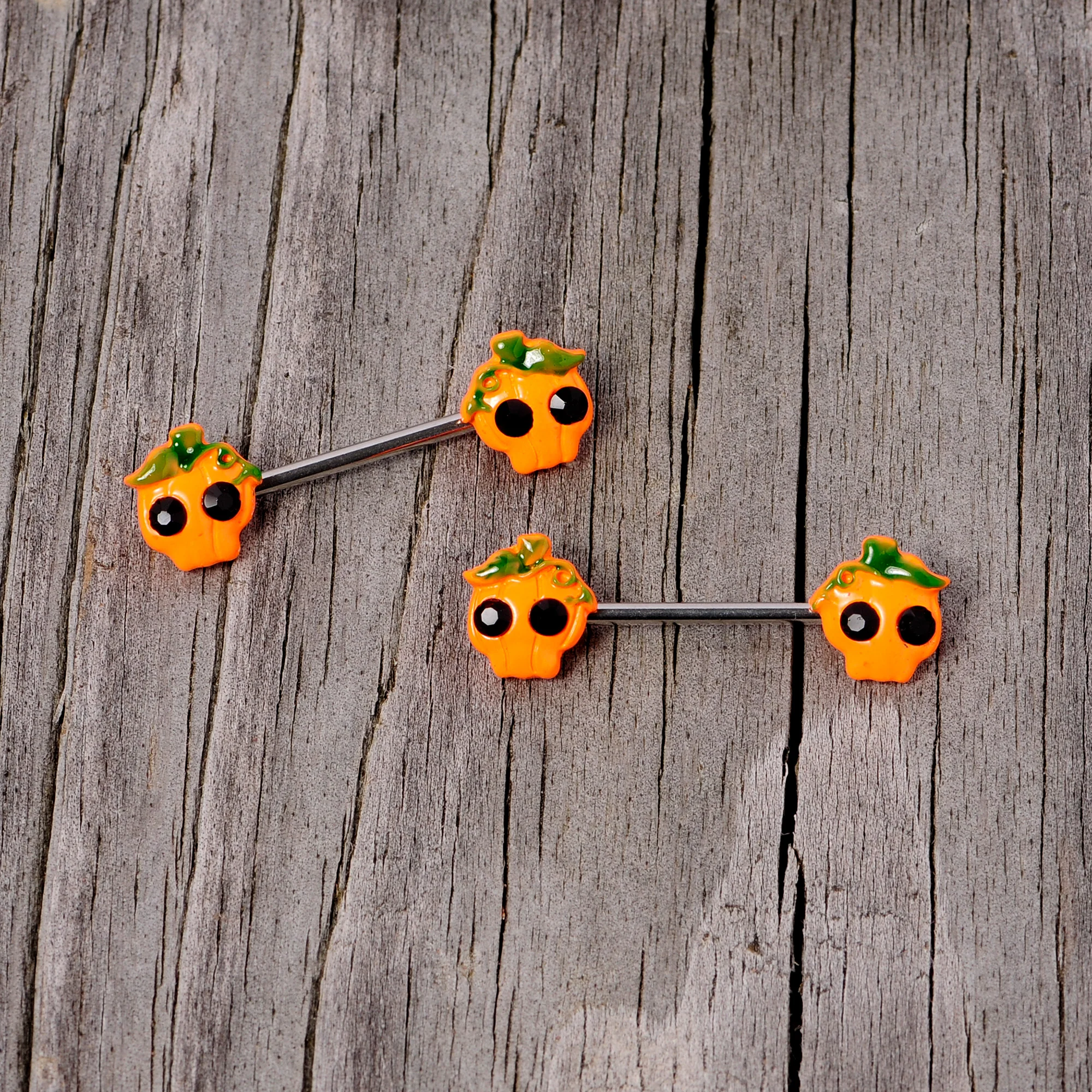 14G 5/8 Orange Jack O Lantern Pumpkin Halloween Nipple Ring Set - Image 5