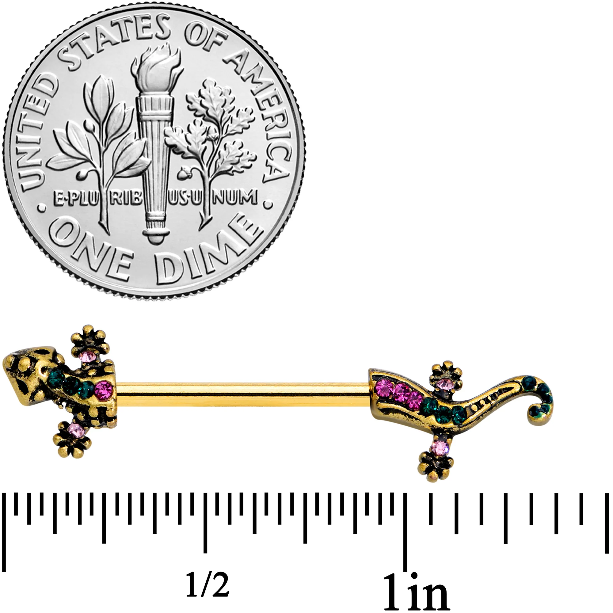 14G 5/8 Pink Aqua Gem Gold Tone Lizard Barbell Nipple Ring Set - Image 2