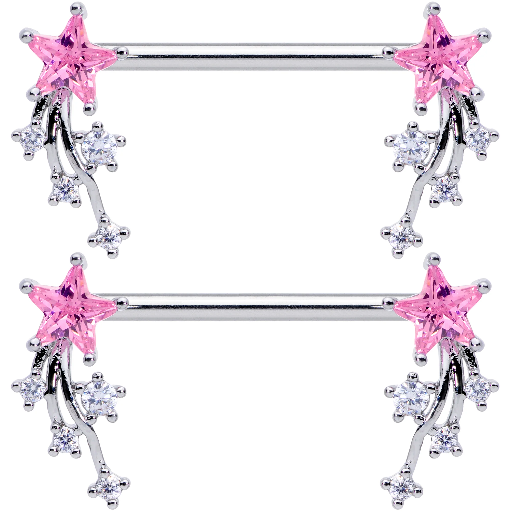 14G 5/8 Pink Clear CZ Gem Shooting Star Barbell Nipple Ring Set - Image 2