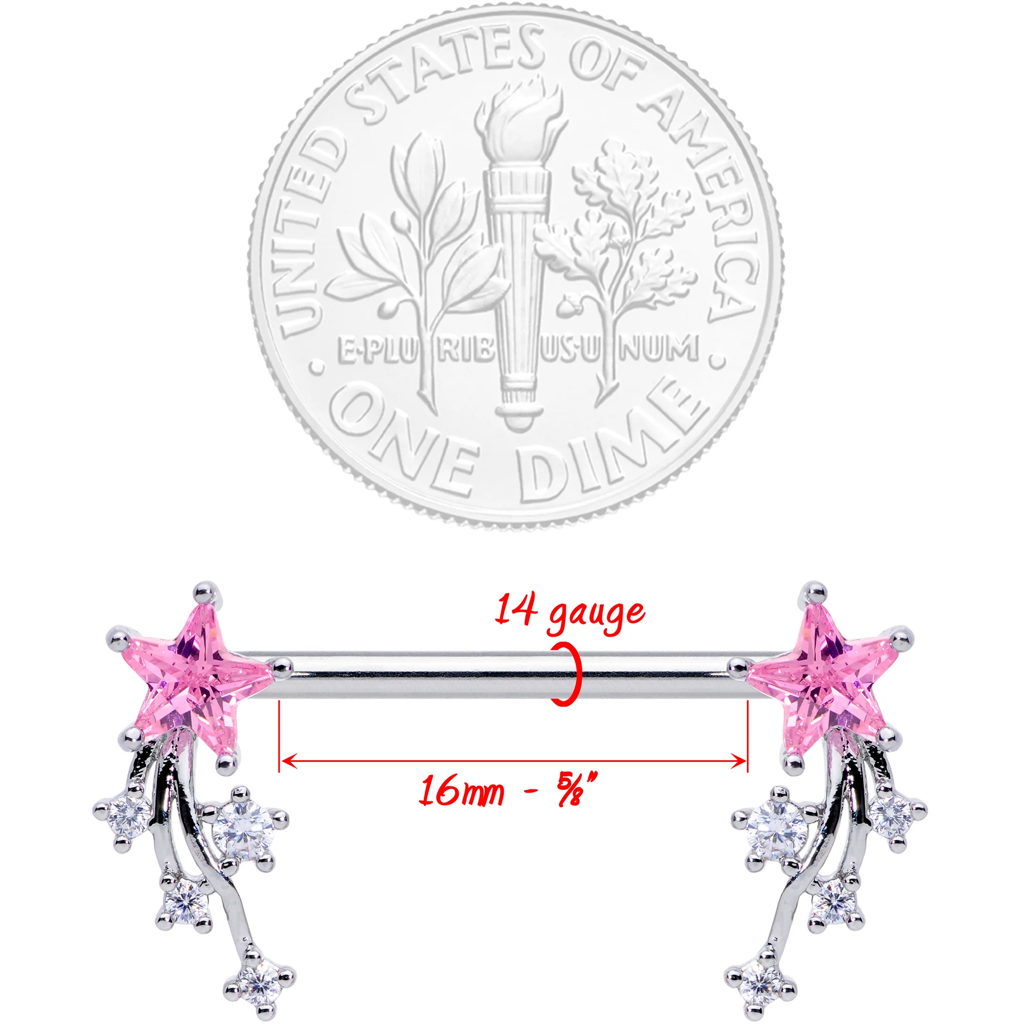 14G 5/8 Pink Clear CZ Gem Shooting Star Barbell Nipple Ring Set - Image 3