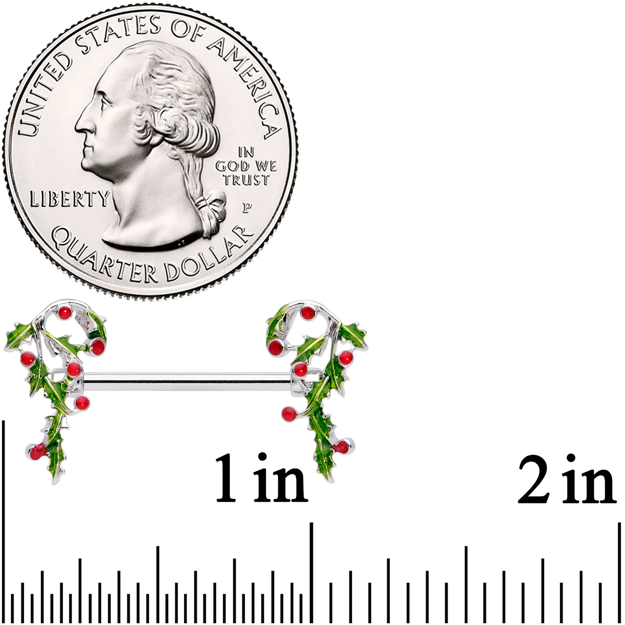 14G 5/8 Pink CZ Gem Candy Cane Holly Christmas Nipple Ring Set - Image 2