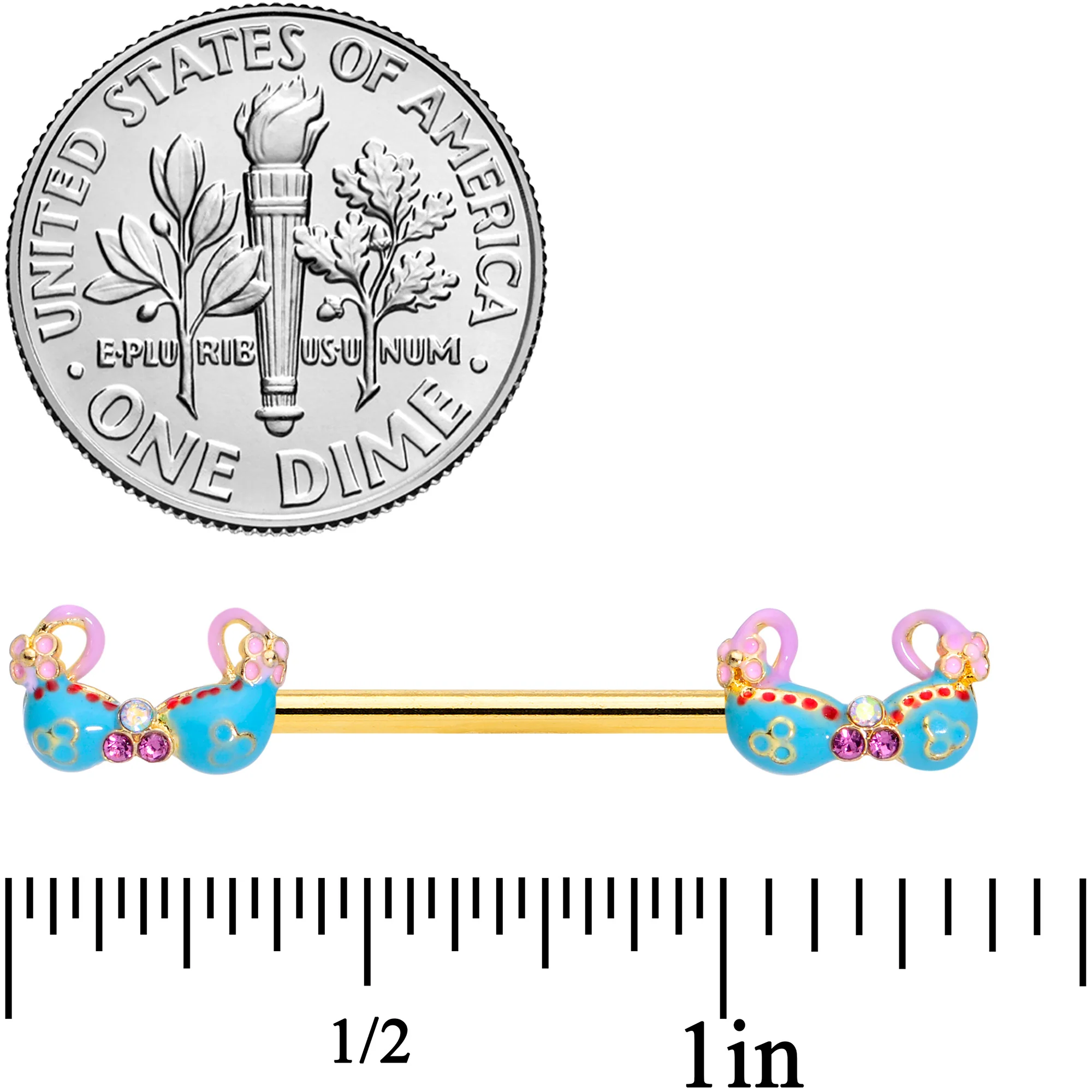 14G 5/8 Pink Gem Gold Tone Bikini Top Barbell Nipple Ring Set - Image 2