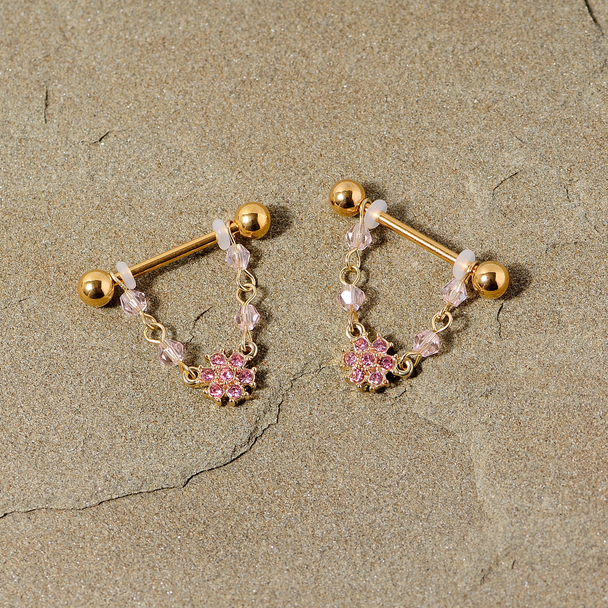 14G 5/8 Pink Gem Gold Tone Dainty Flower Dangle Nipple Ring Set - Image 2