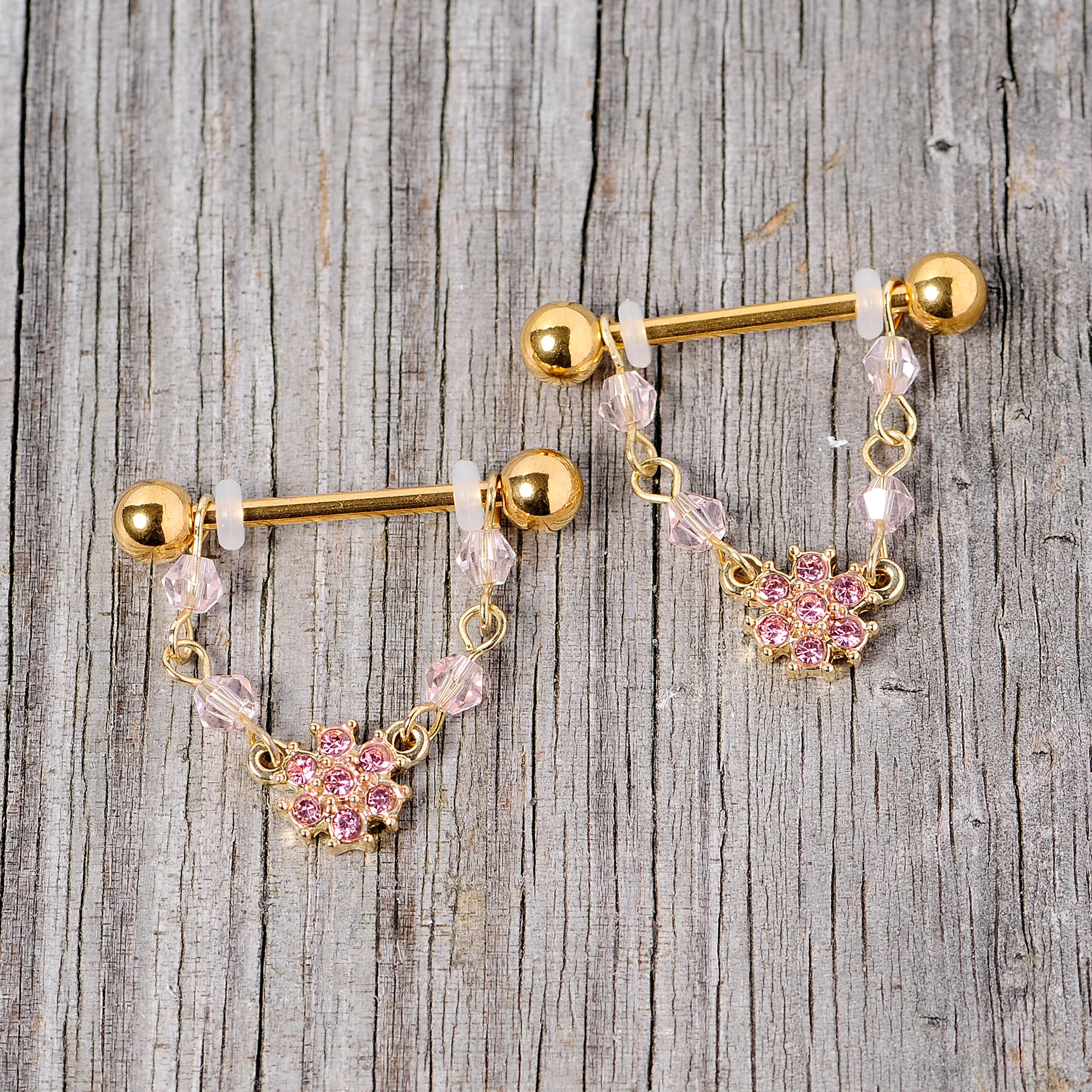 14G 5/8 Pink Gem Gold Tone Dainty Flower Dangle Nipple Ring Set - Image 3