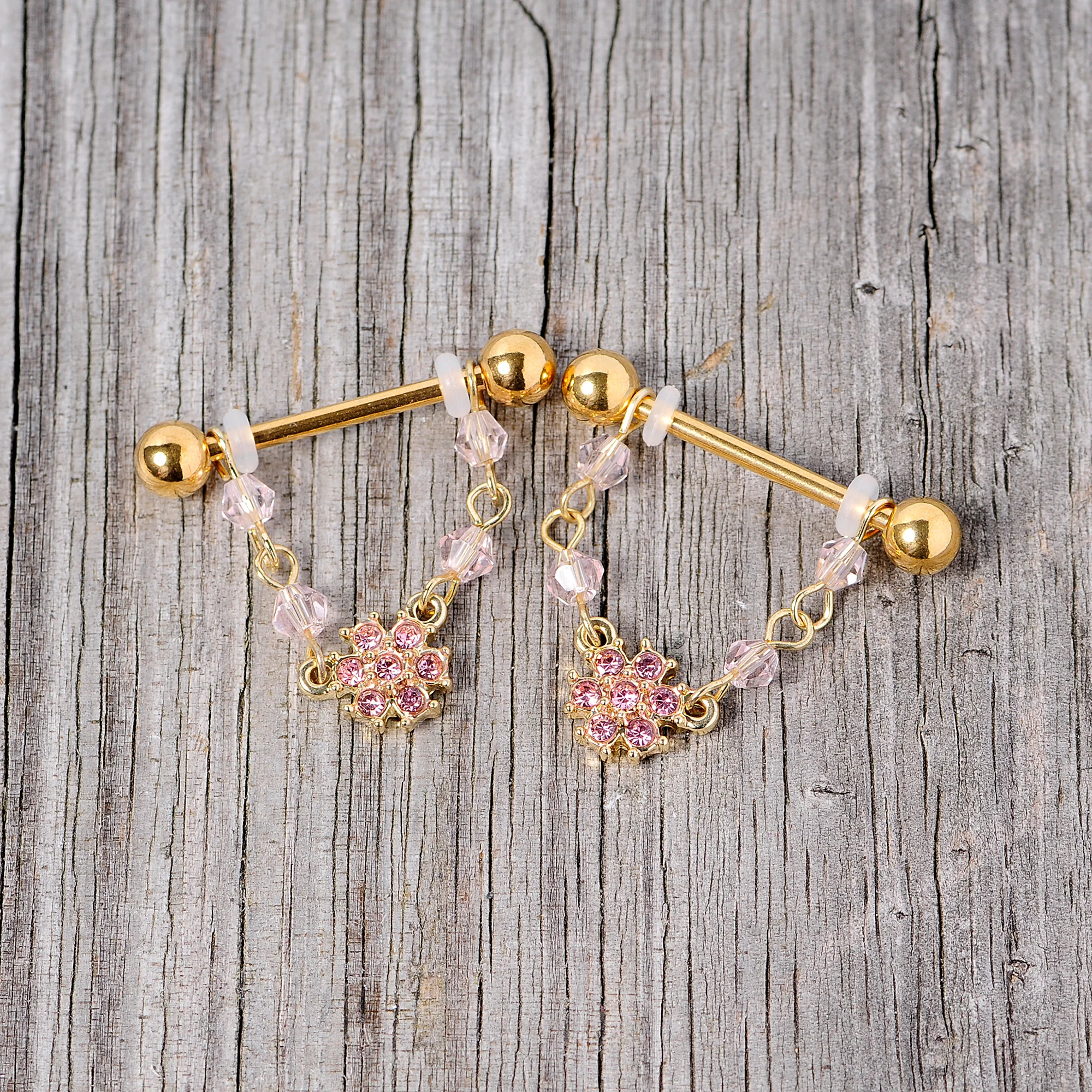 14G 5/8 Pink Gem Gold Tone Dainty Flower Dangle Nipple Ring Set - Image 4