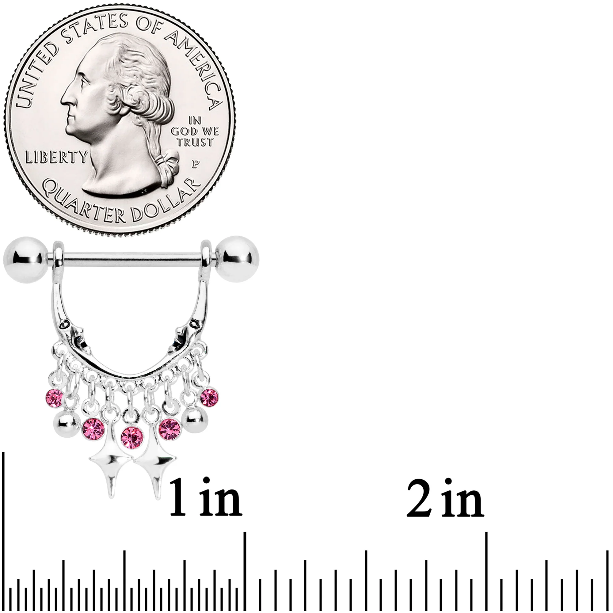 14G 5/8 Pink Gem Moons Dangle Nipple Ring Set - Image 2