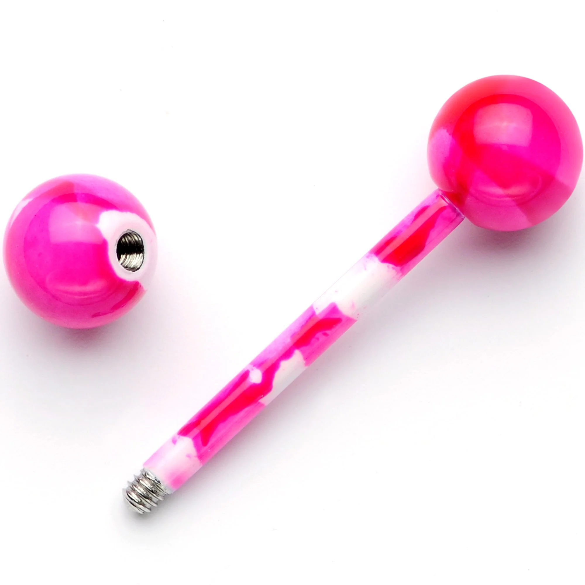 14G 5/8 Pink White Camouflage Straight Barbell Tongue Ring - Image 3