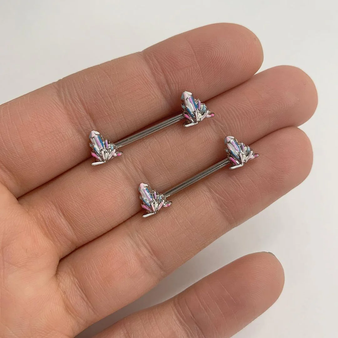 14G 5/8 Pink White Geology Barbell Nipple Ring Set - Image 2