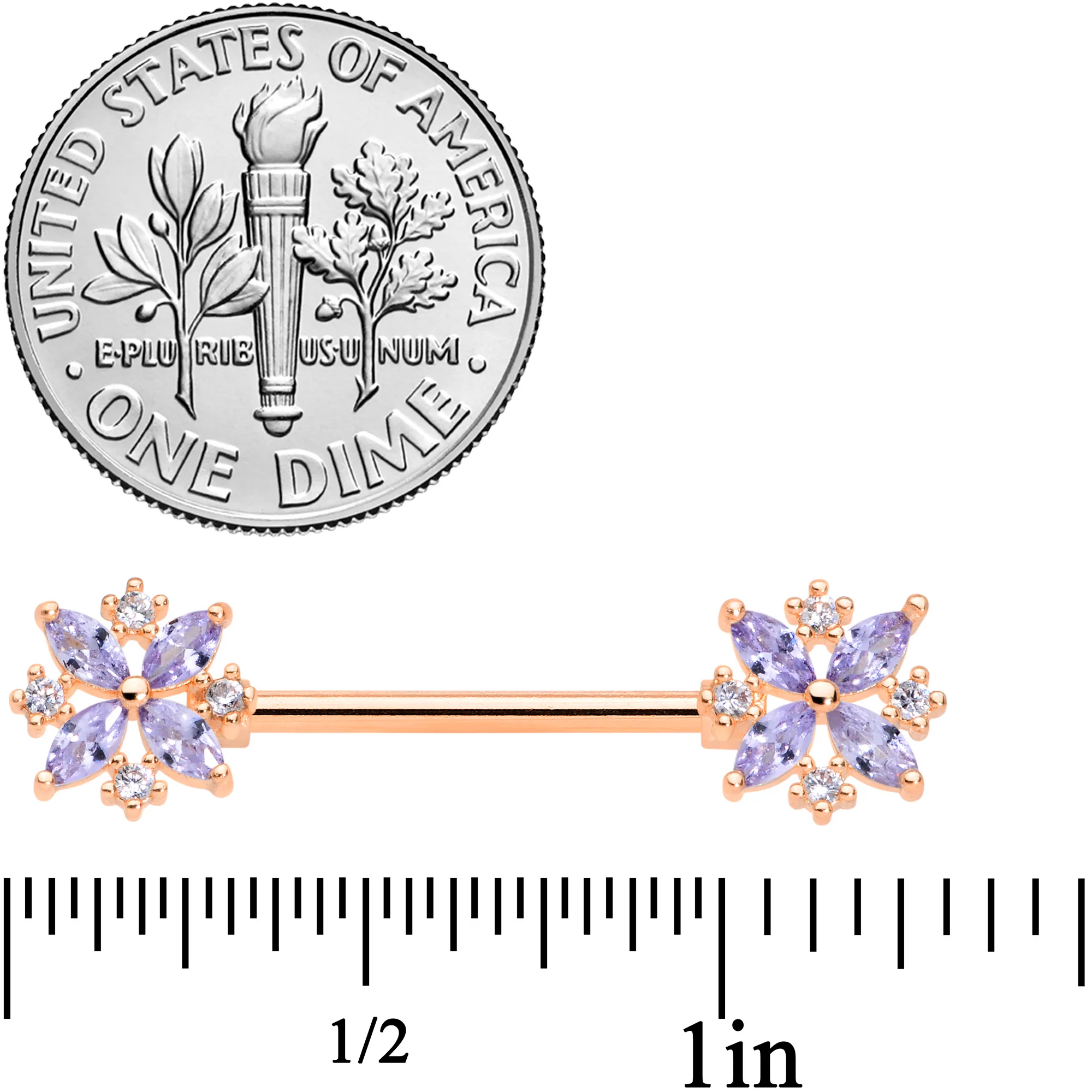 14G 5/8 Purple CZ Gem Rose Gold Tone Star Burst Nipple Ring Set - Image 2