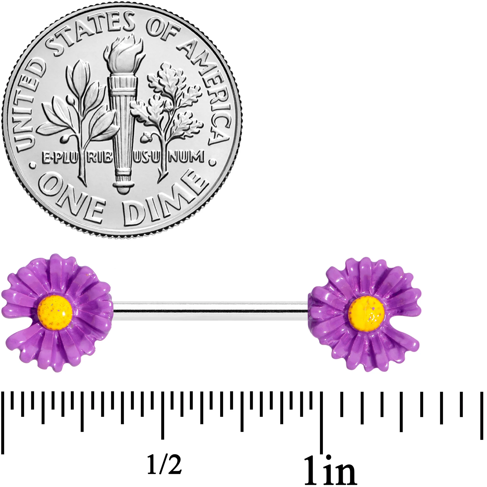 14G 5/8 Purple Daisy Flower Barbell Nipple Ring Set - Image 2