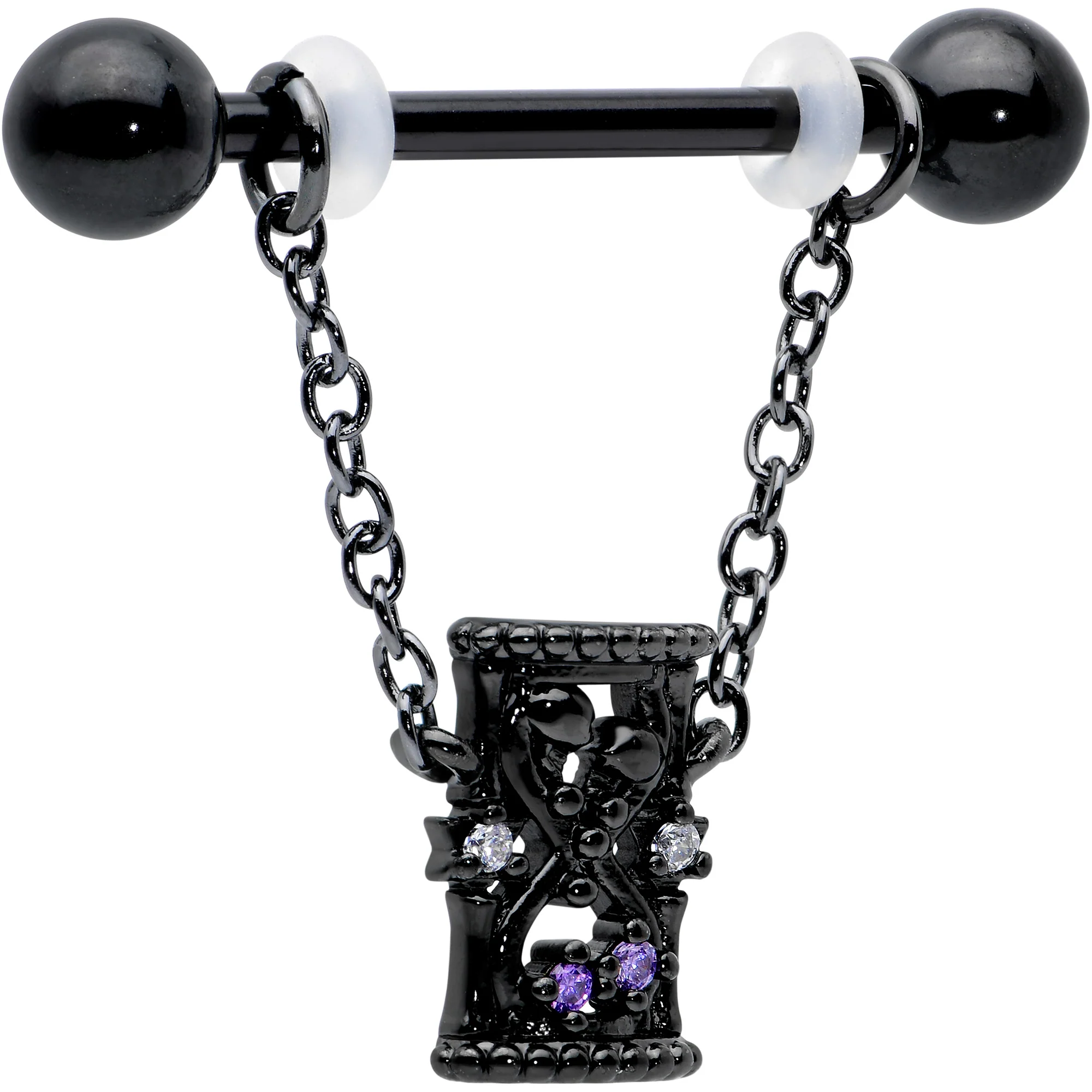 14G 5/8 Purple Gem Black Goth Hourglass Chain Dangle Nipple Ring Set - Image 3
