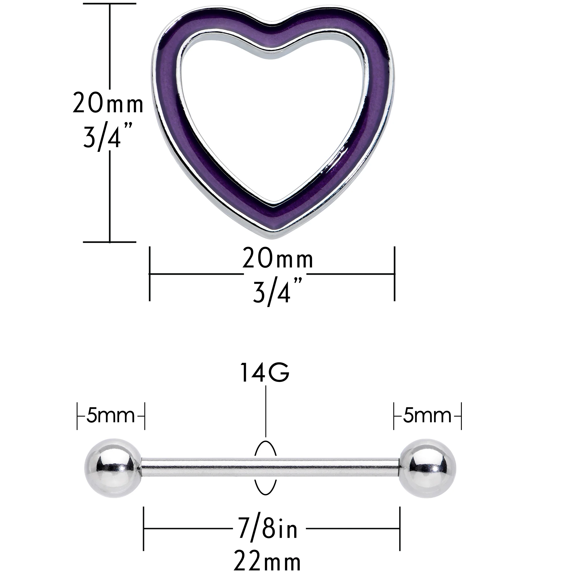 14G 5/8 Purple Heart Glow in the Dark Valentine Nipple Shield Set - Image 3