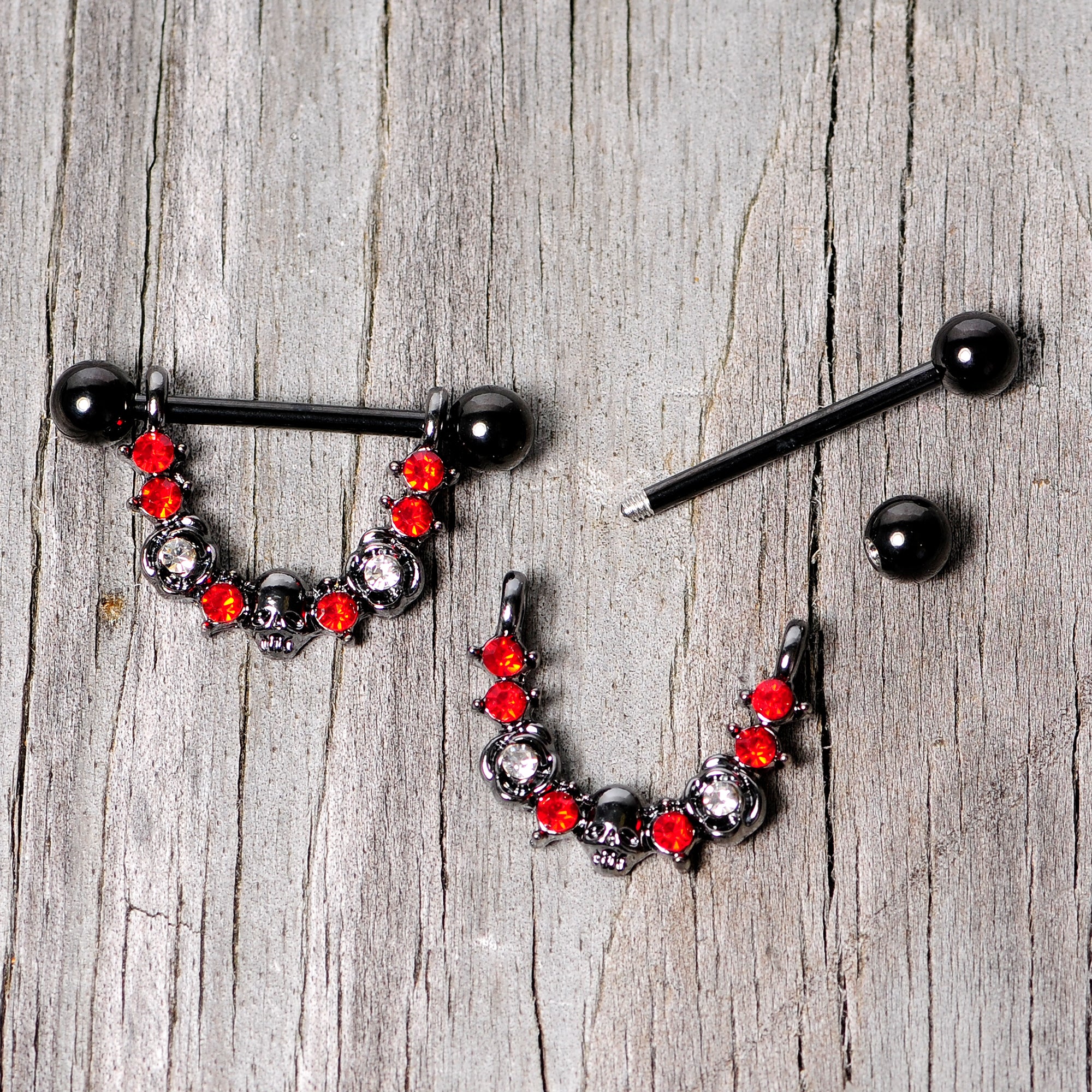 14G 5/8 Red Clear Gem Black Skull Rose Dangle Nipple Ring Set - Image 5