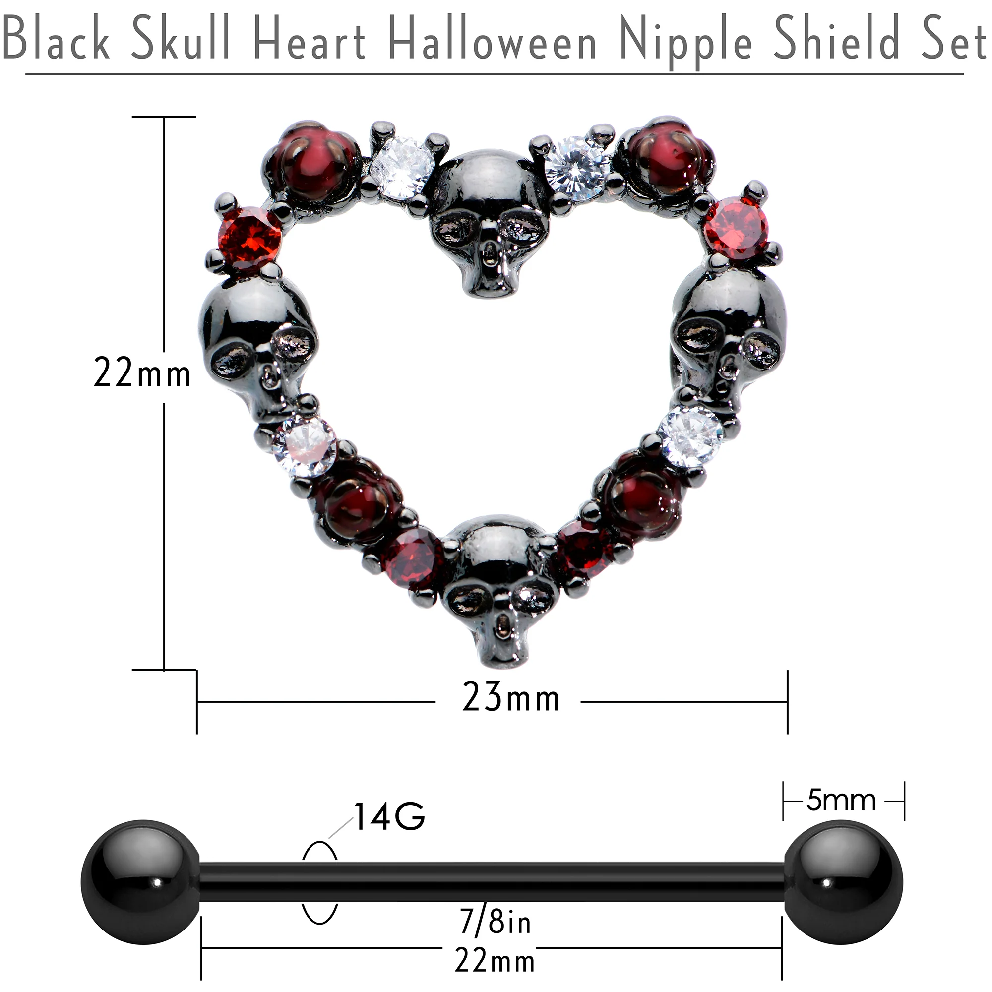 14G 7/8 Red CZ Gem Black Skull Heart Halloween Nipple Shield Set - Image 5