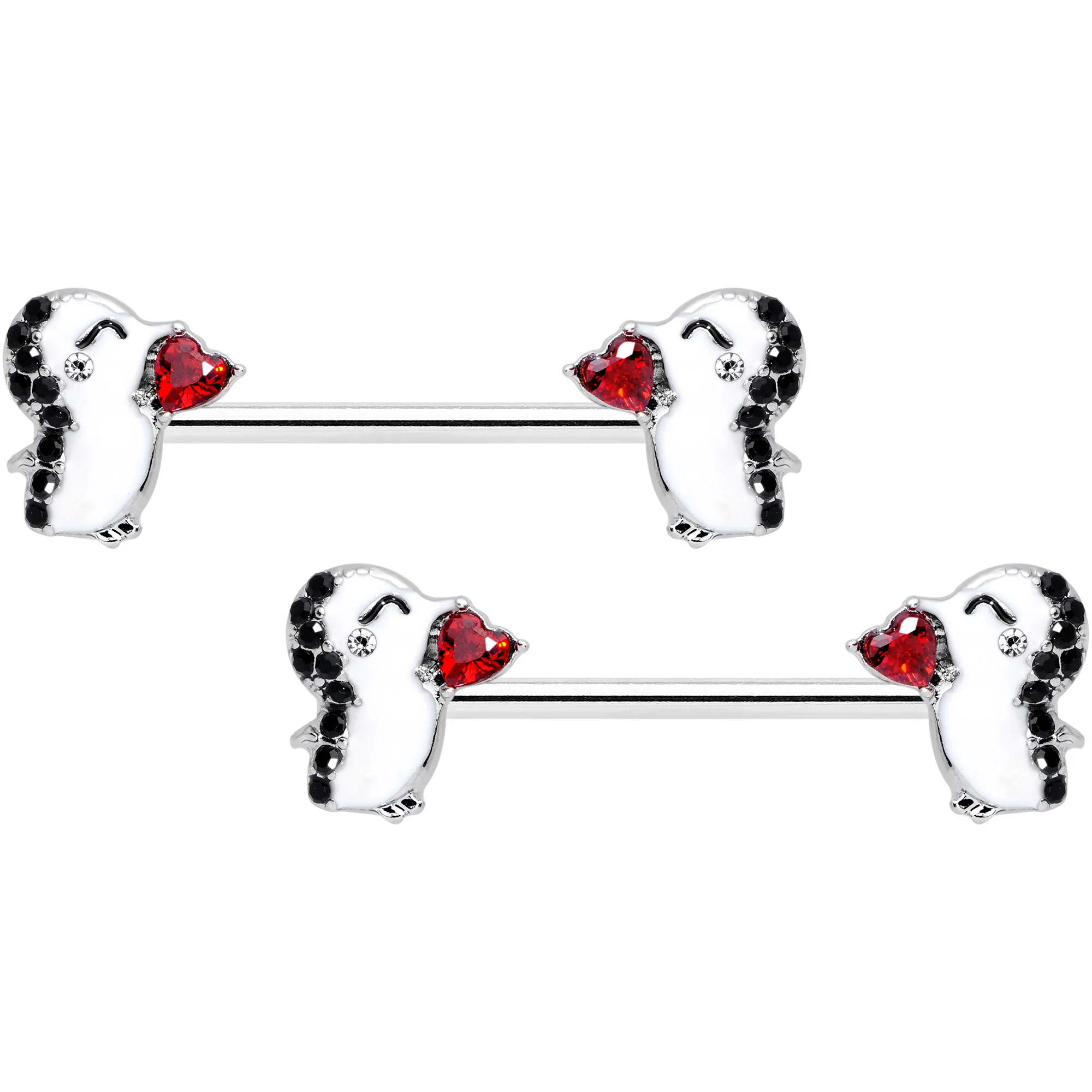 14G 5/8 Red Gem Penguin Heart Valentine Barbell Nipple Ring Set