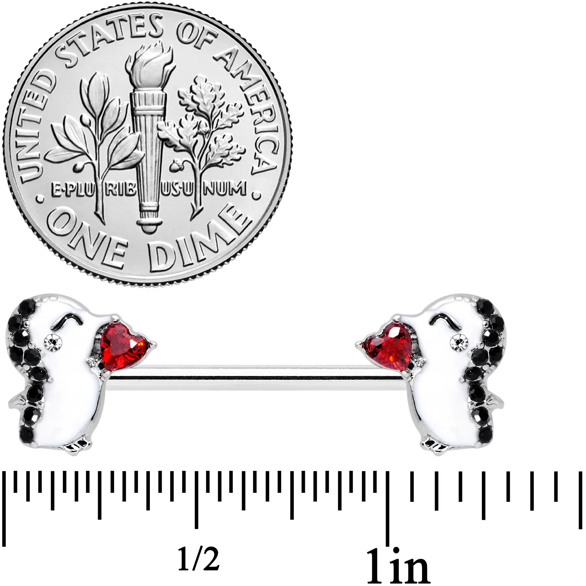 14G 5/8 Red Gem Penguin Heart Valentine Barbell Nipple Ring Set - Image 2