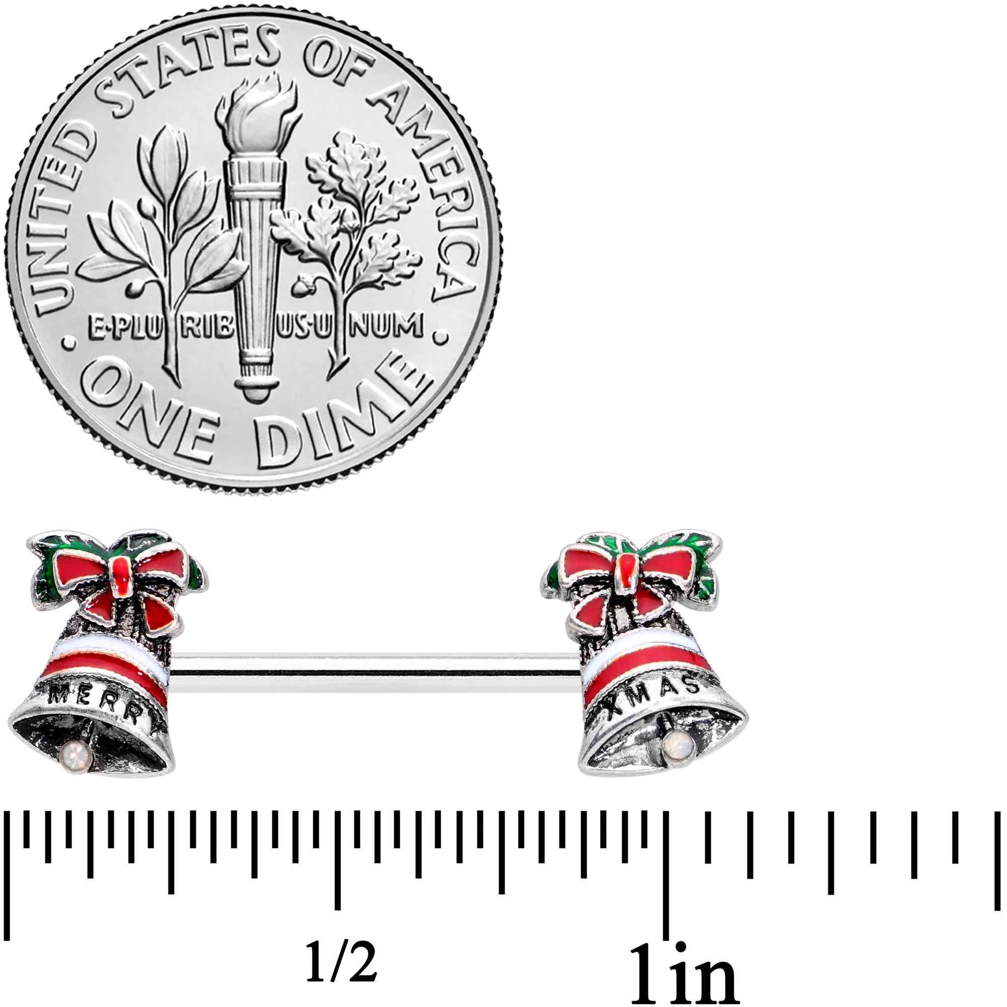 14G 5/8 Red White Green Bell Christmas Barbell Nipple Ring Set - Image 2