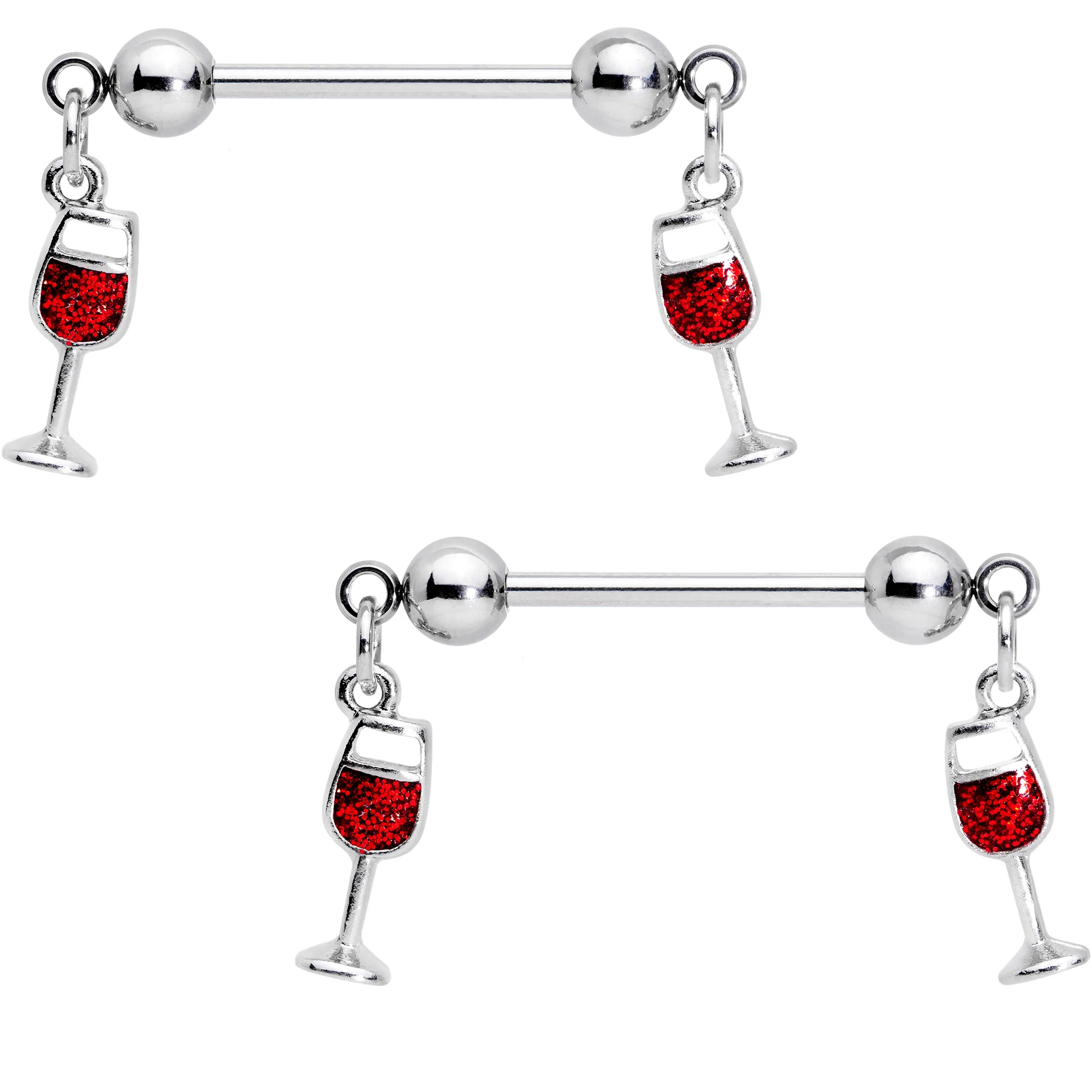 14G 5/8 Red Wine Glass Dangle Barbell Nipple Ring Set