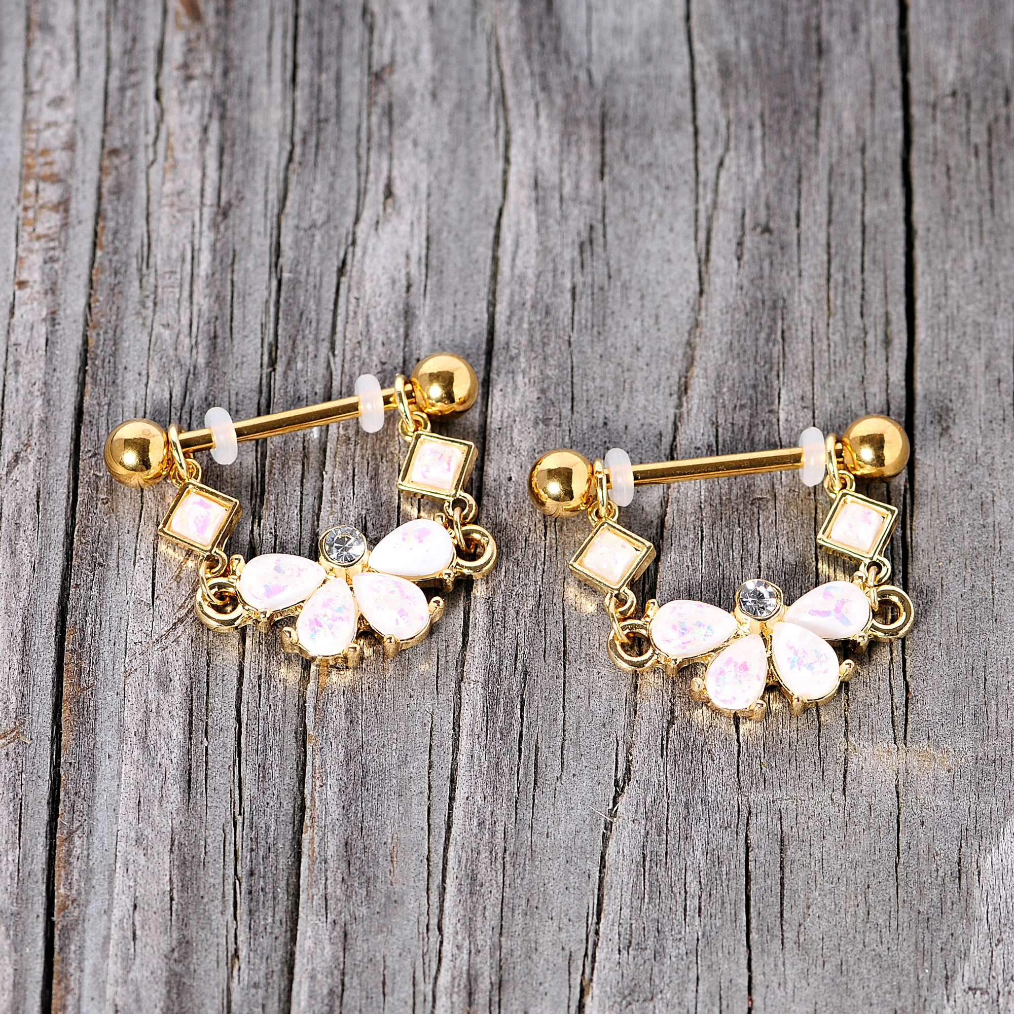 14G 5/8 White Faux Opal Gold Tone Bow Dangle Nipple Ring Set - Image 3