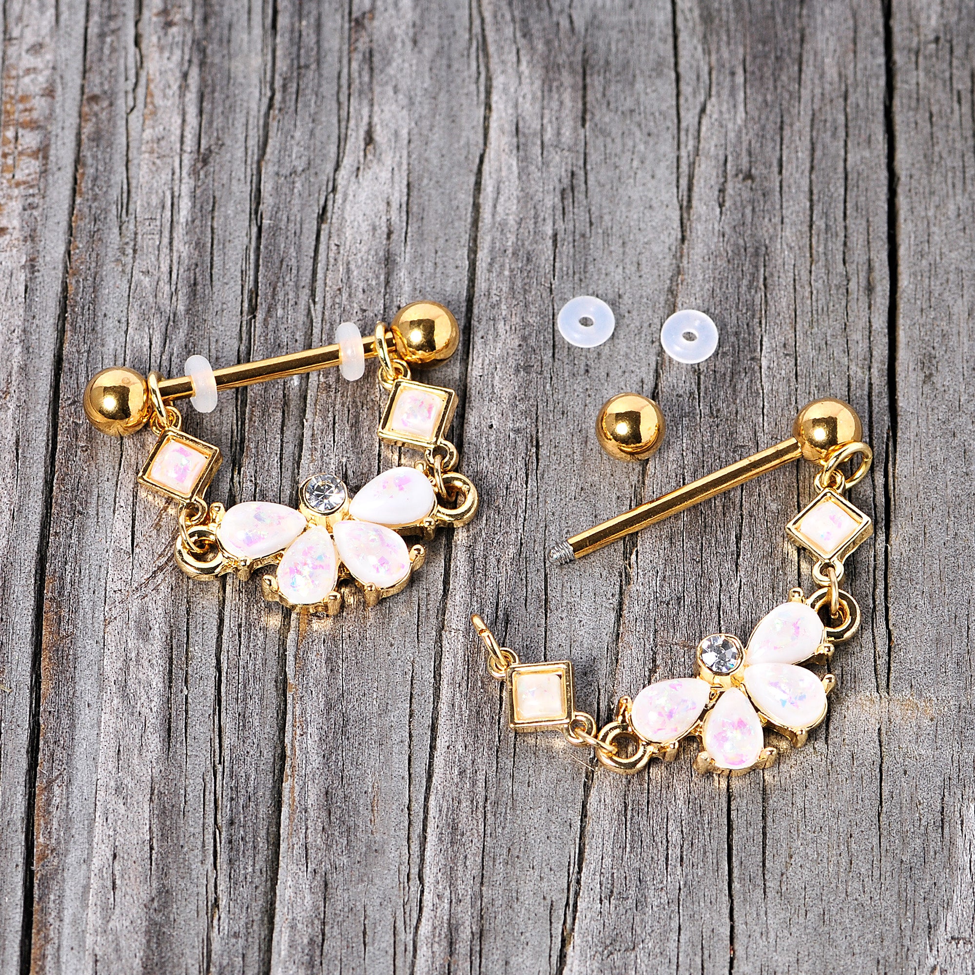 14G 5/8 White Faux Opal Gold Tone Bow Dangle Nipple Ring Set - Image 4