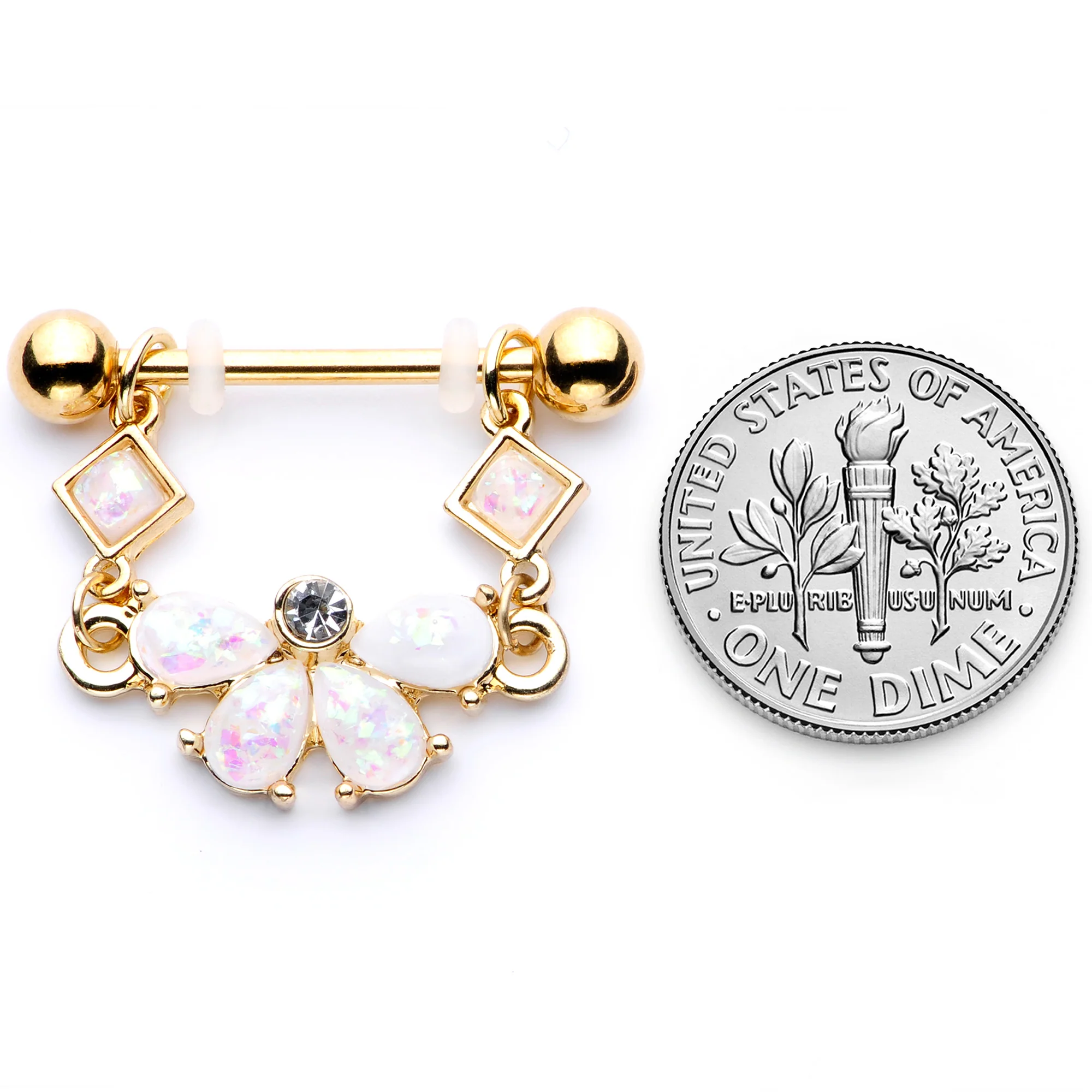 14G 5/8 White Faux Opal Gold Tone Bow Dangle Nipple Ring Set - Image 5