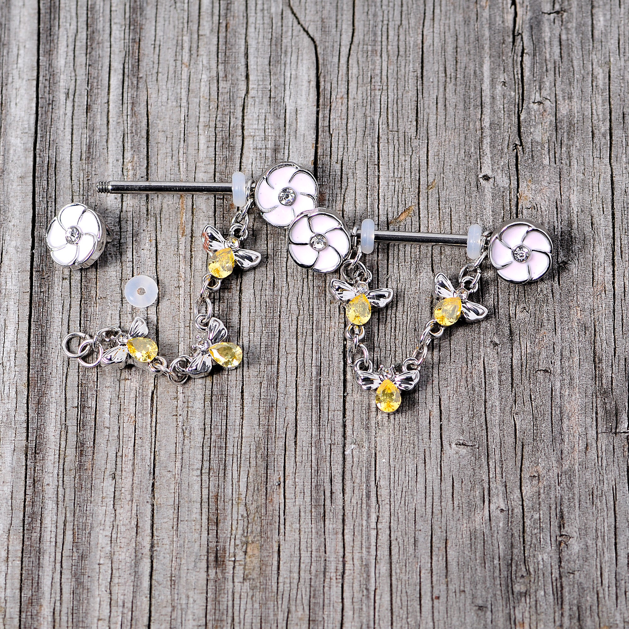14G 5/8 Yellow Clear Gem Bee Flower Dangle Nipple Ring Set - Image 4