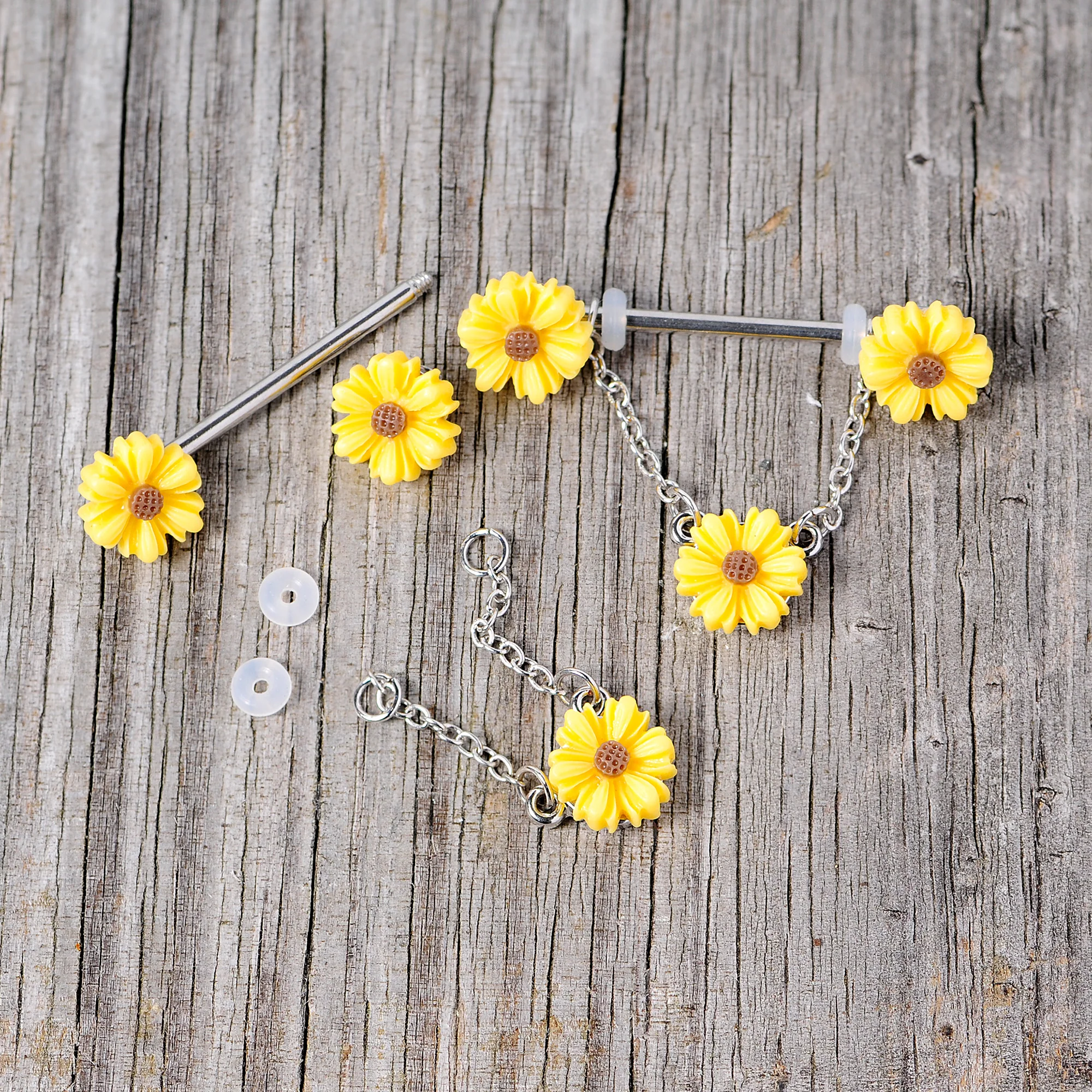 14G 5/8 Yellow Sunflowers Dangle Nipple Ring Set - Image 4