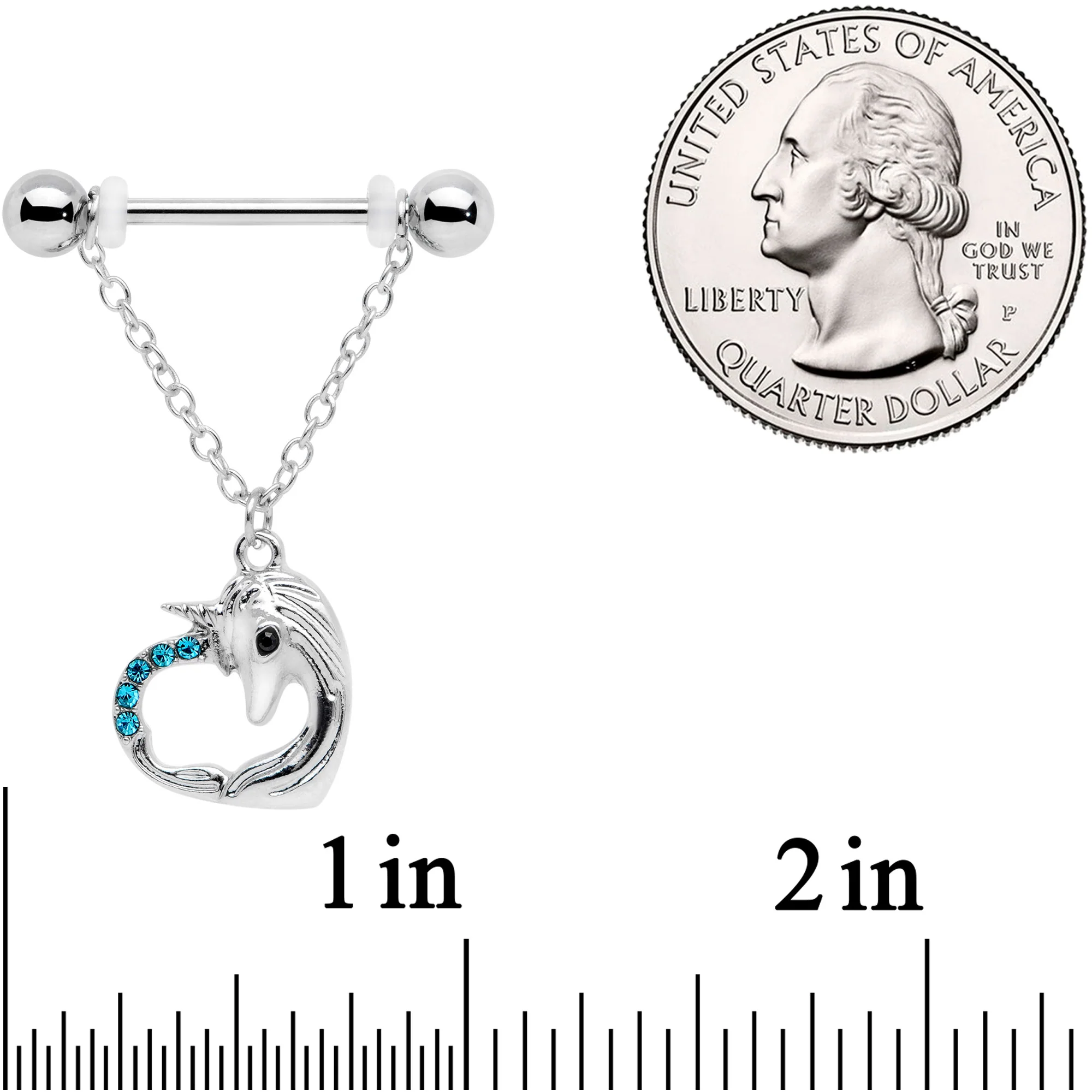 14G 5/8 Aqua Gem Unicorn Heart Dangle Barbell Nipple Ring Set - Image 2