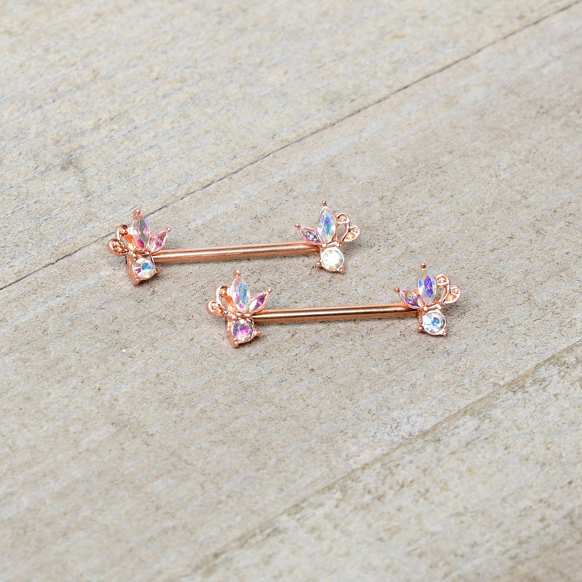 14G 5/8 Aurora CZ Gem Rosy Hue Fleur de Lis Butterfly Barbell Nipple Ring Set - Image 4