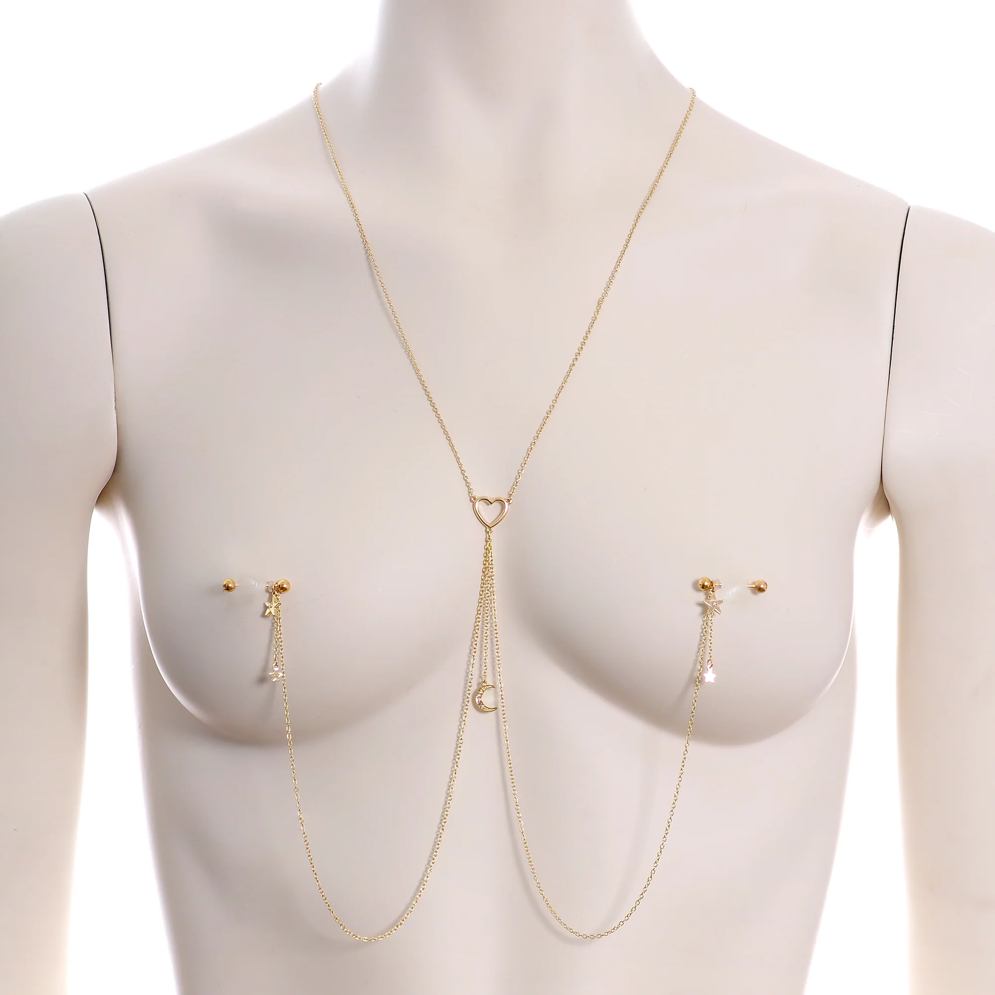 14G 5/8 Aurora Gem Gold Tone Heart Star Nipple Chain Necklace - Image 2