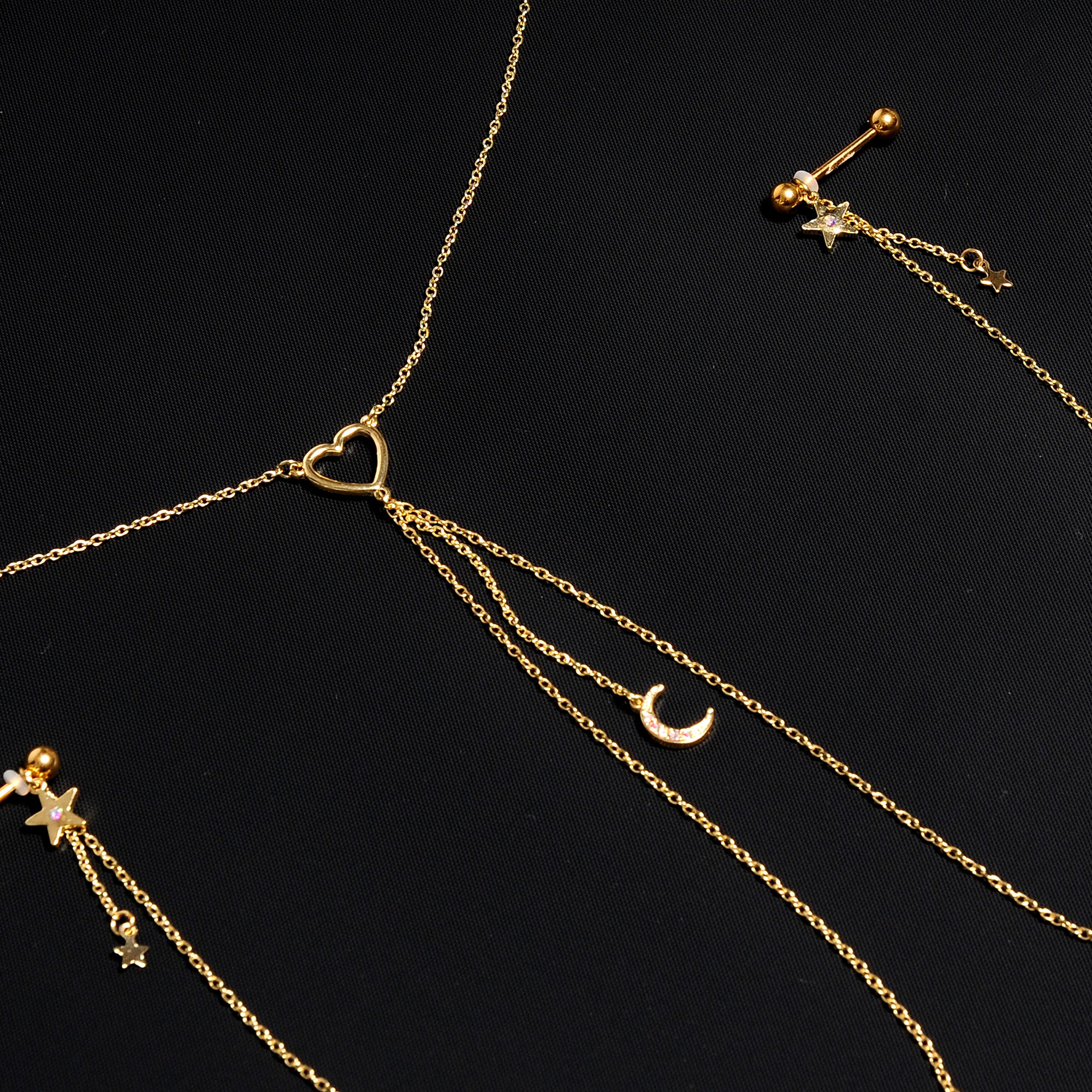 14G 5/8 Aurora Gem Gold Tone Heart Star Nipple Chain Necklace - Image 5