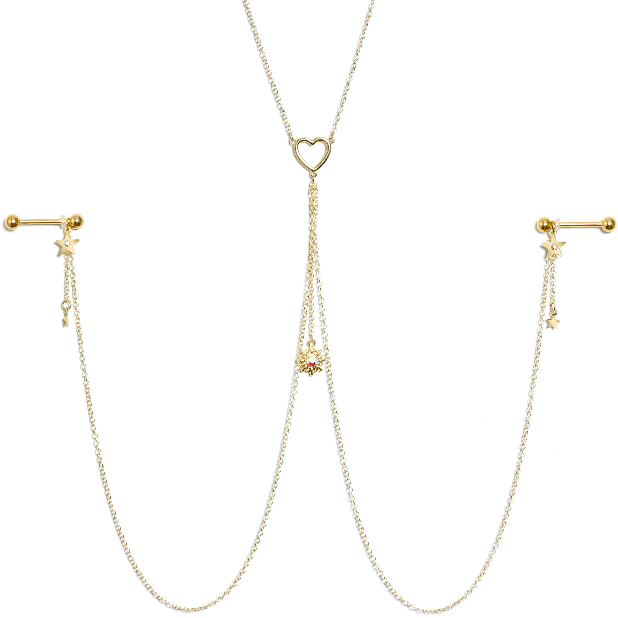 14G 5/8 Aurora Gem Gold Tone Sun Heart Star Nipple Chain Necklace