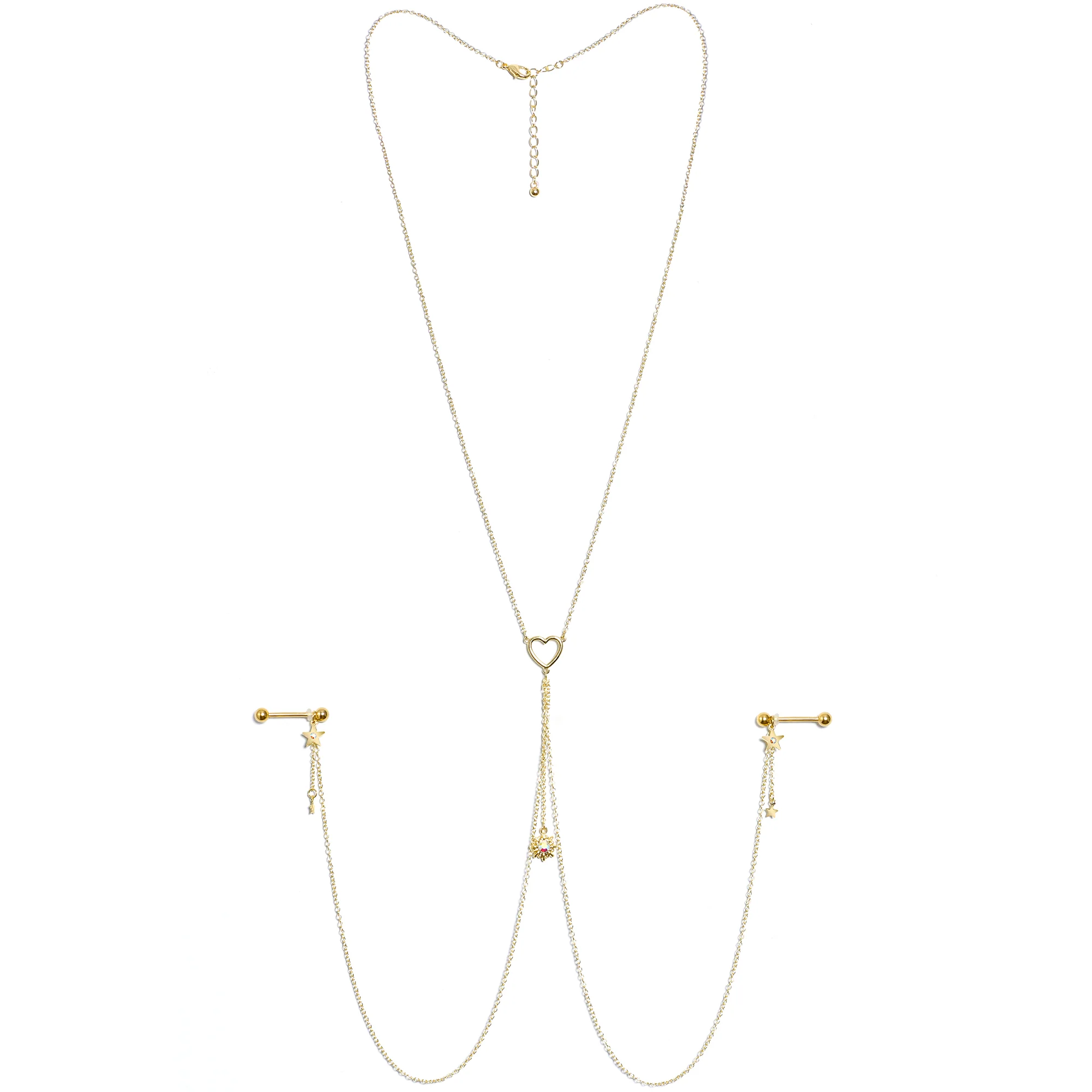 14G 5/8 Aurora Gem Gold Tone Sun Heart Star Nipple Chain Necklace - Image 6