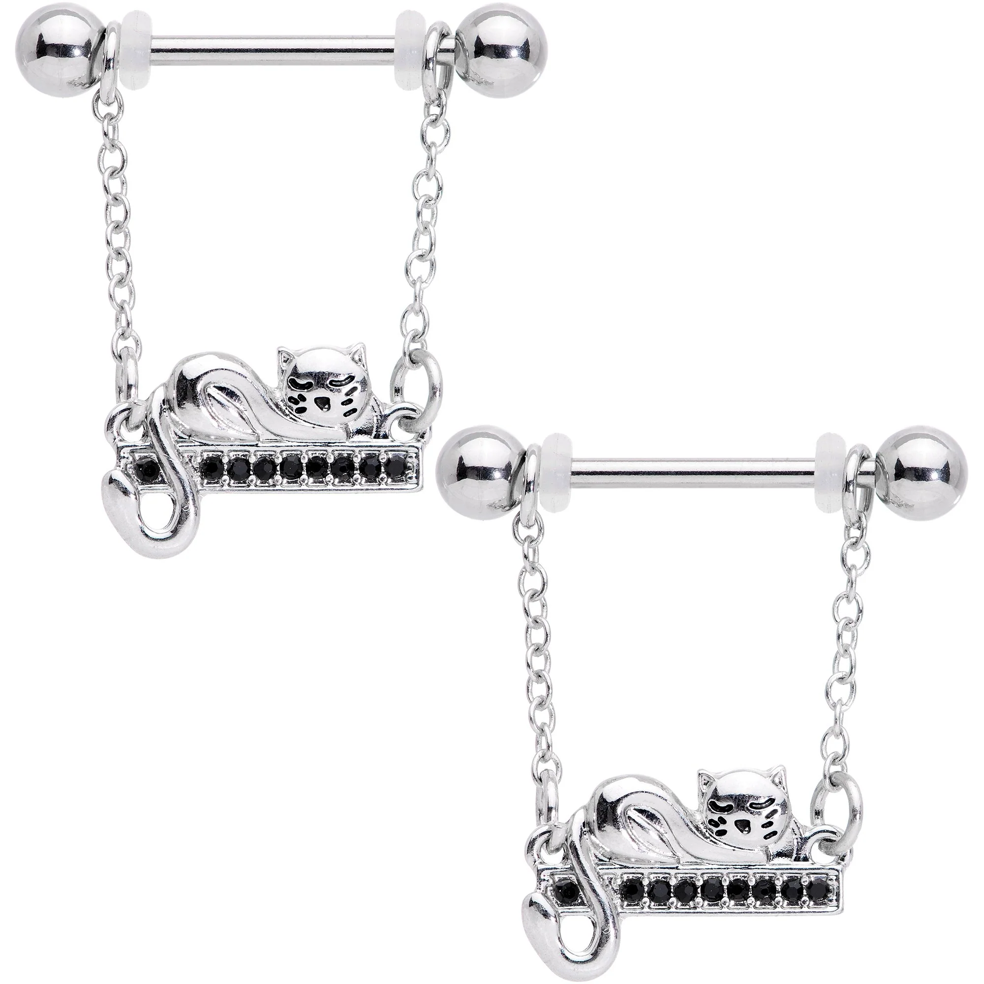 14G 5/8 Black Gem Nap Cat Dangle Nipple Ring Set
