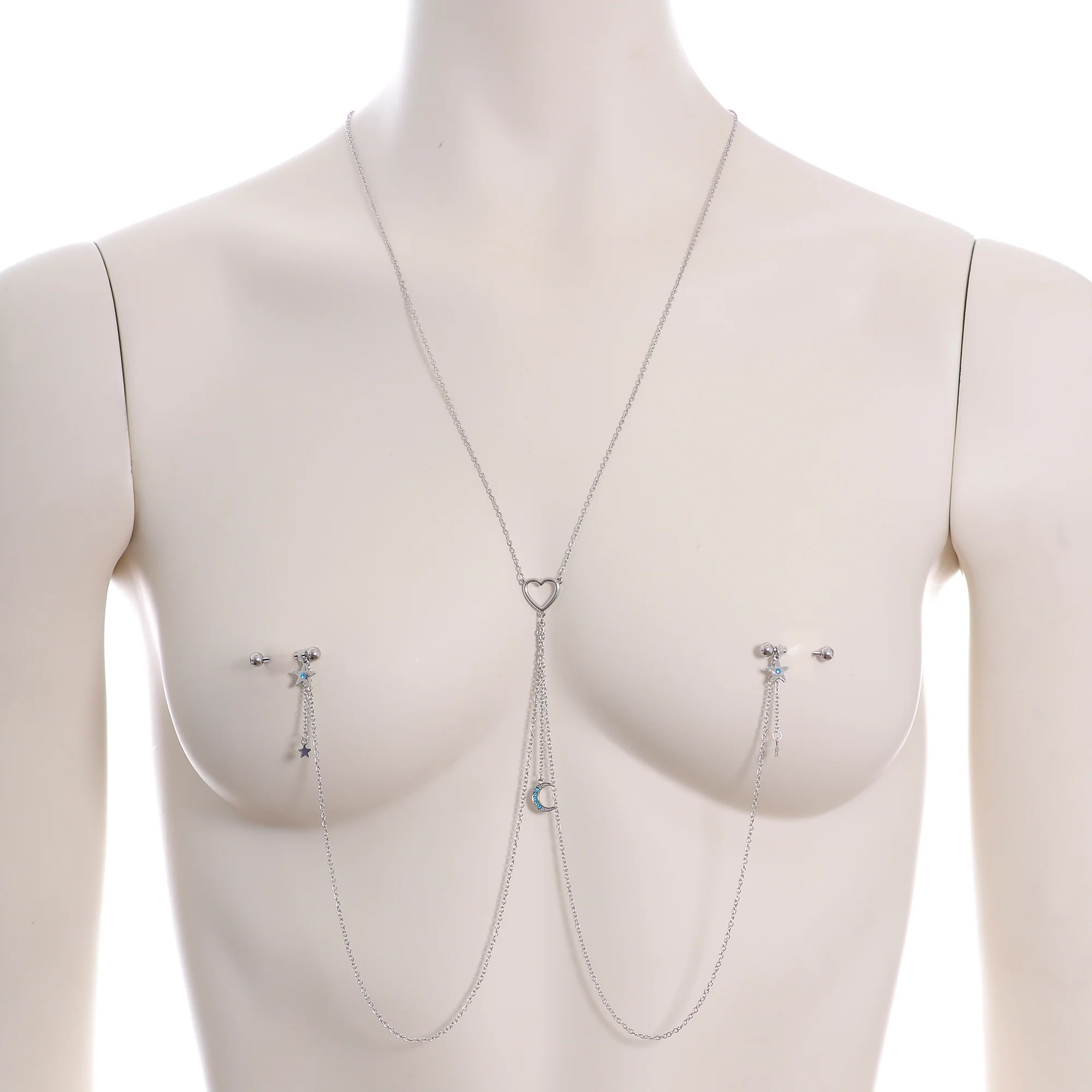 14G 5/8 Blue Gem Moon Heart Star Nipple Chain Necklace - Image 2