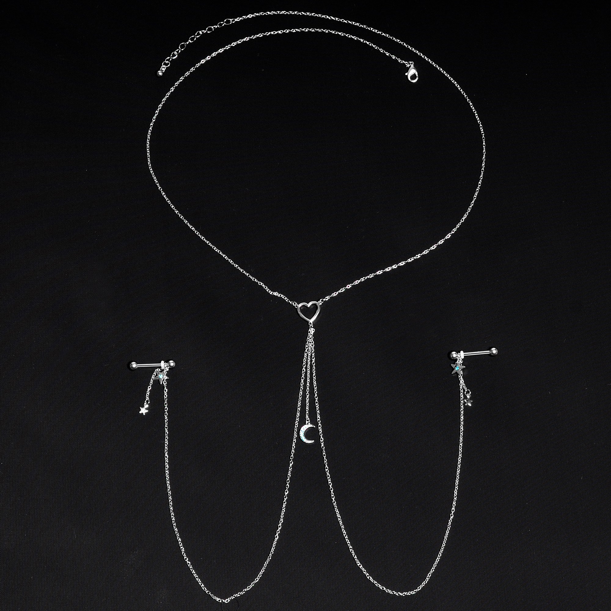 14G 5/8 Blue Gem Moon Heart Star Nipple Chain Necklace - Image 3
