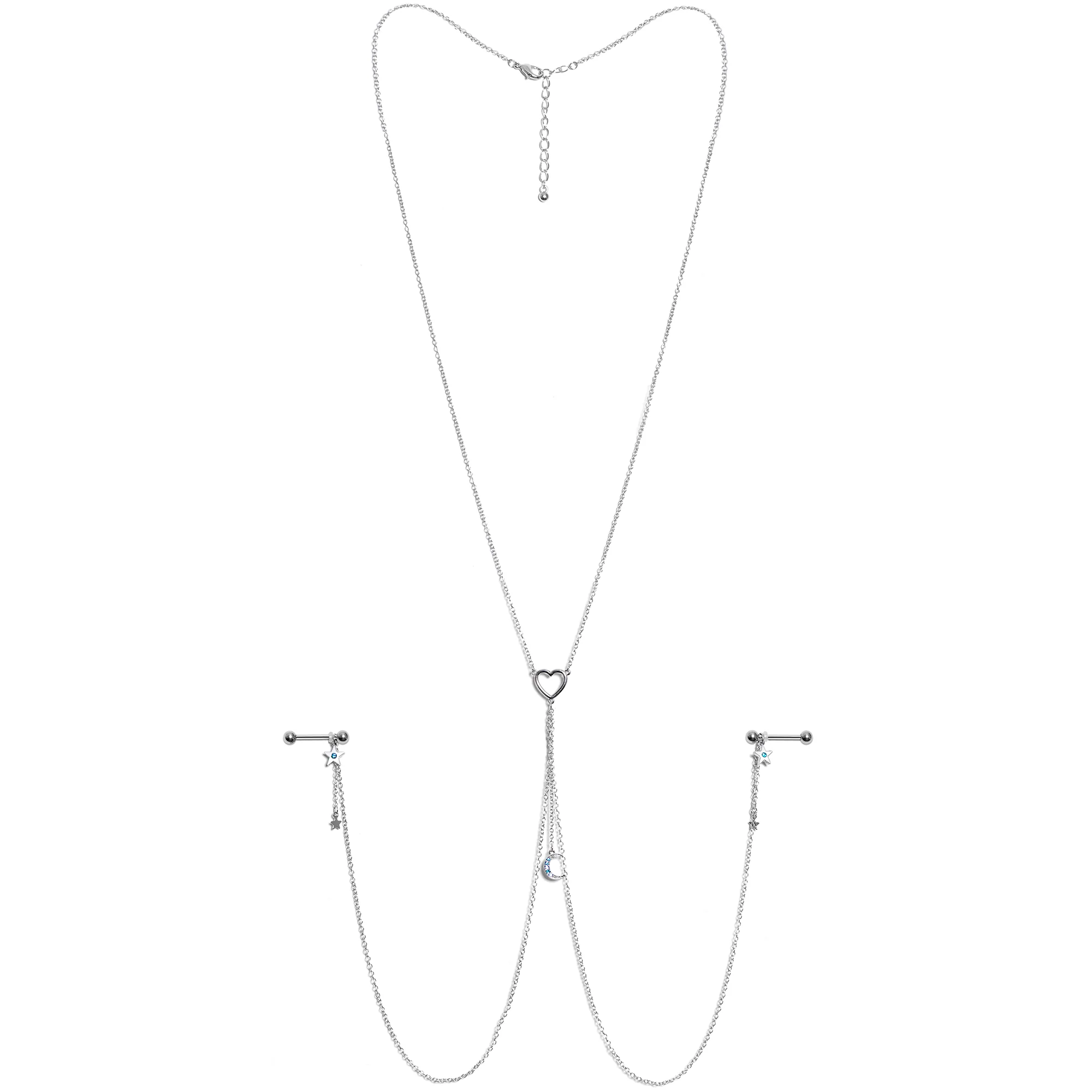 14G 5/8 Blue Gem Moon Heart Star Nipple Chain Necklace - Image 5