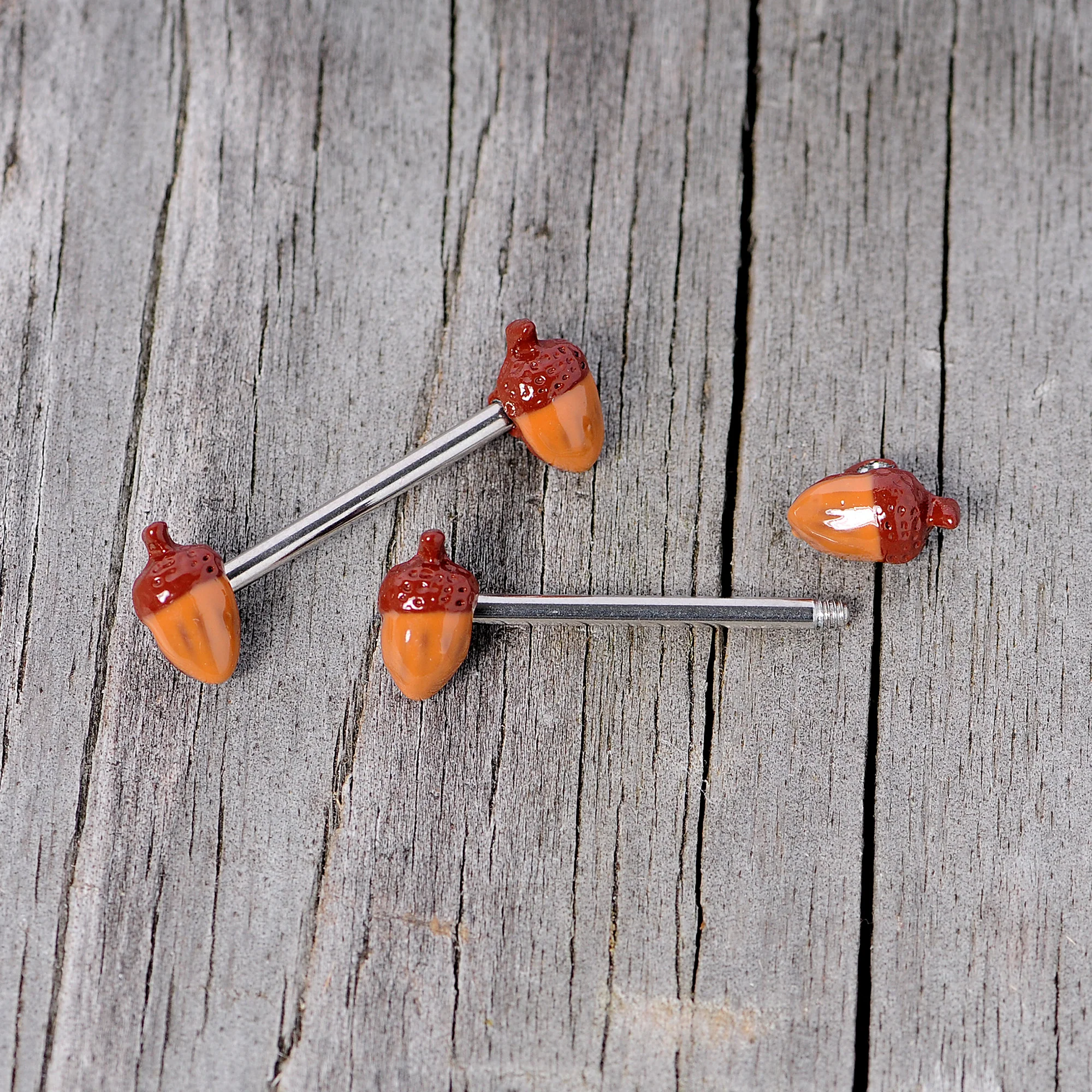 14G 5/8 Brown Autumn Acorn Barbell Nipple Ring Set - Image 5