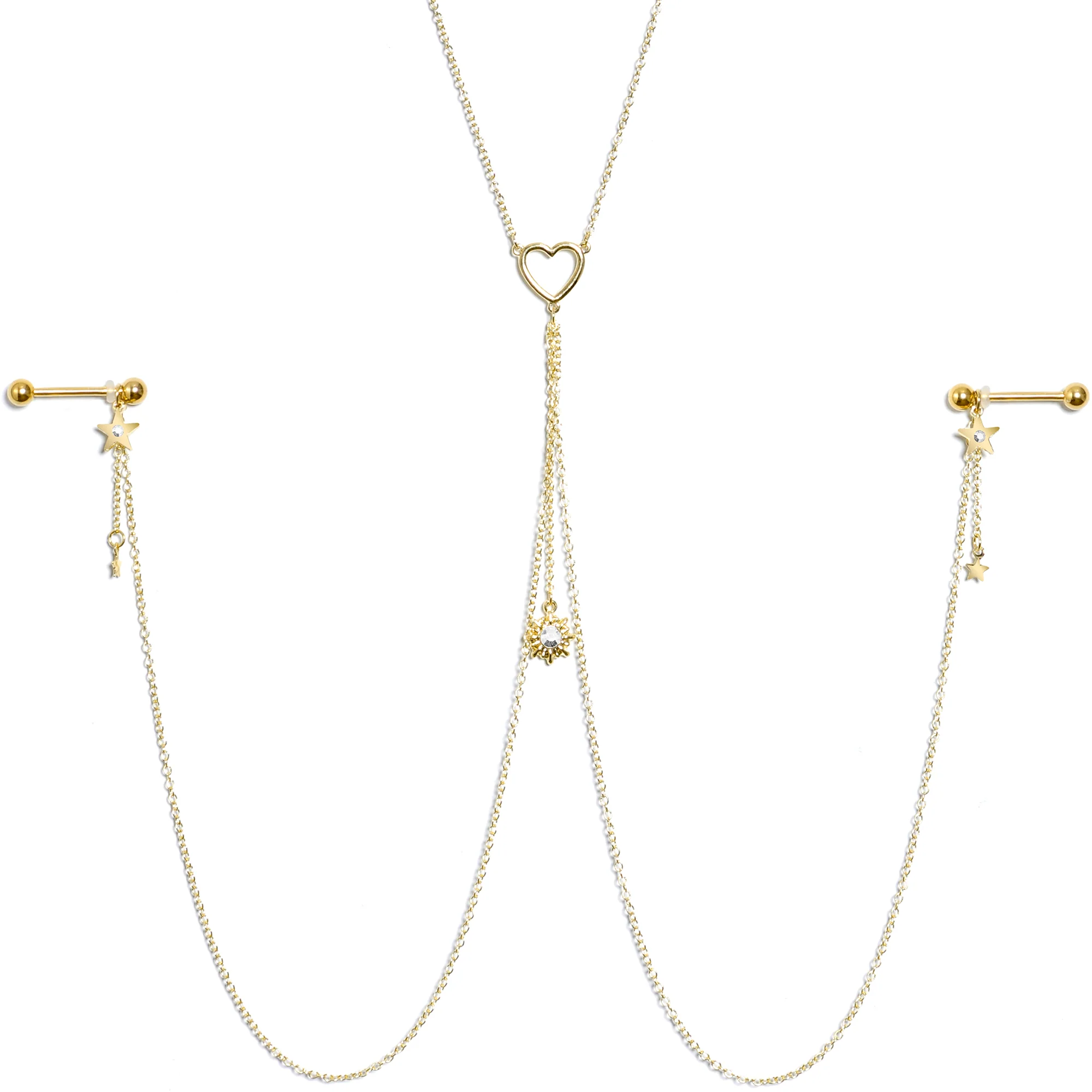 14G 5/8 Clear Gem Gold Tone Sun Heart Star Nipple Chain Necklace